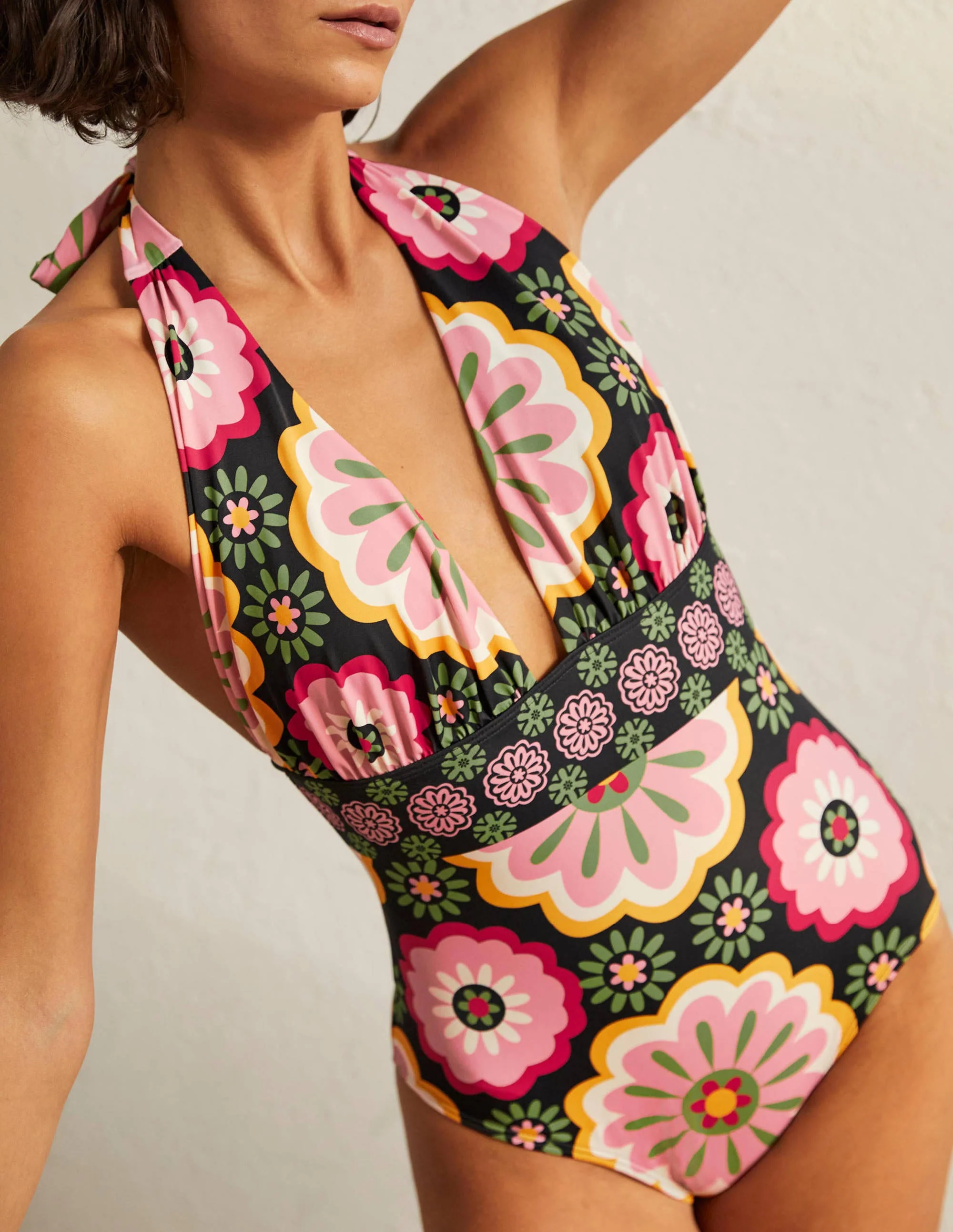 Merano Deep V-neck Swimsuit-Black, Opulent Daisy