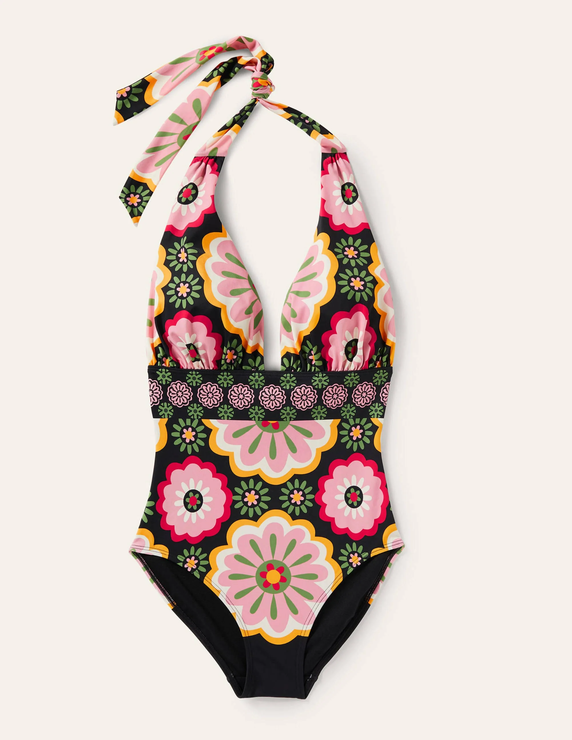 Merano Deep V-neck Swimsuit-Black, Opulent Daisy - Image 5