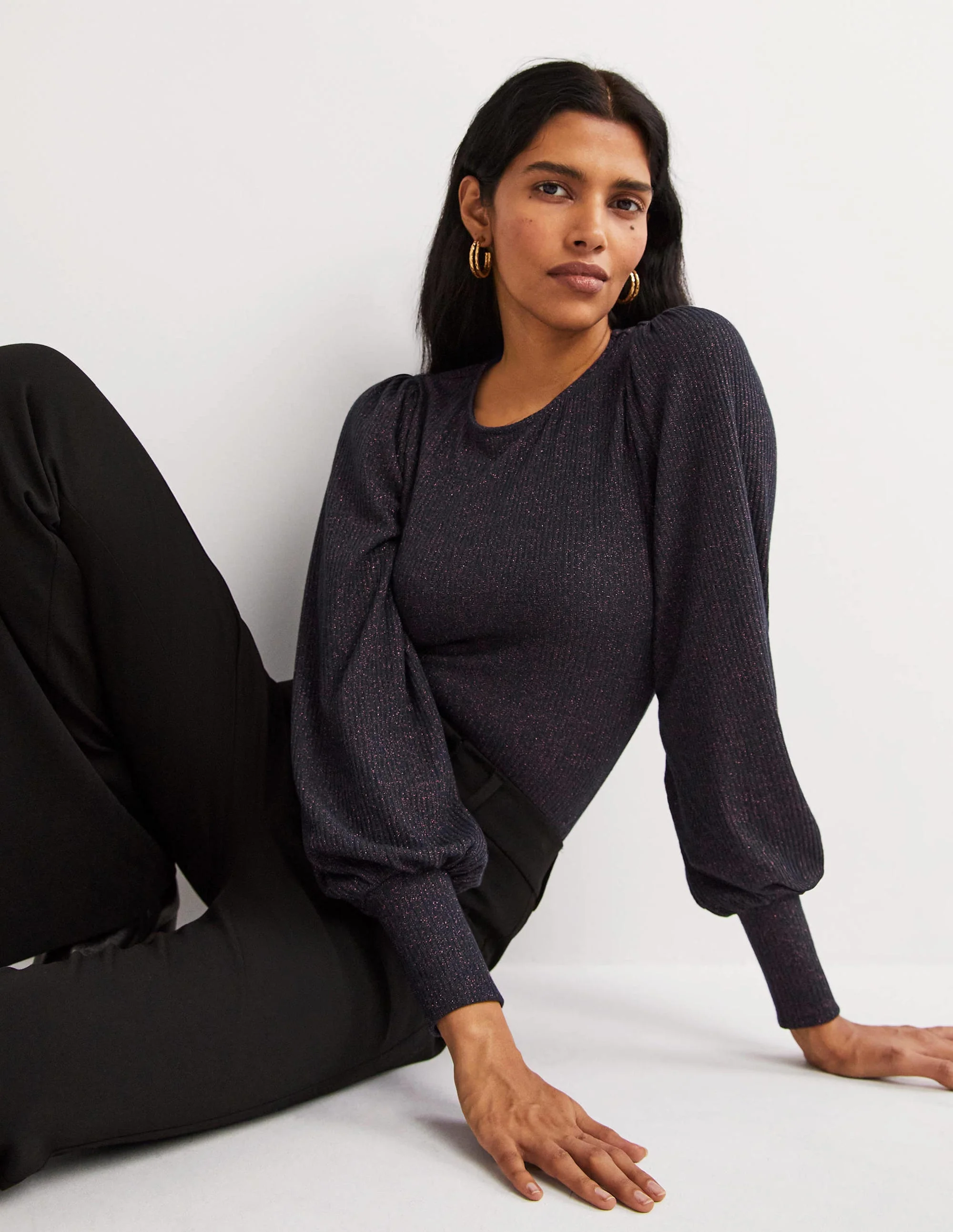 Metallic Blouson Sleeve Top-Navy/Copper Sparkle