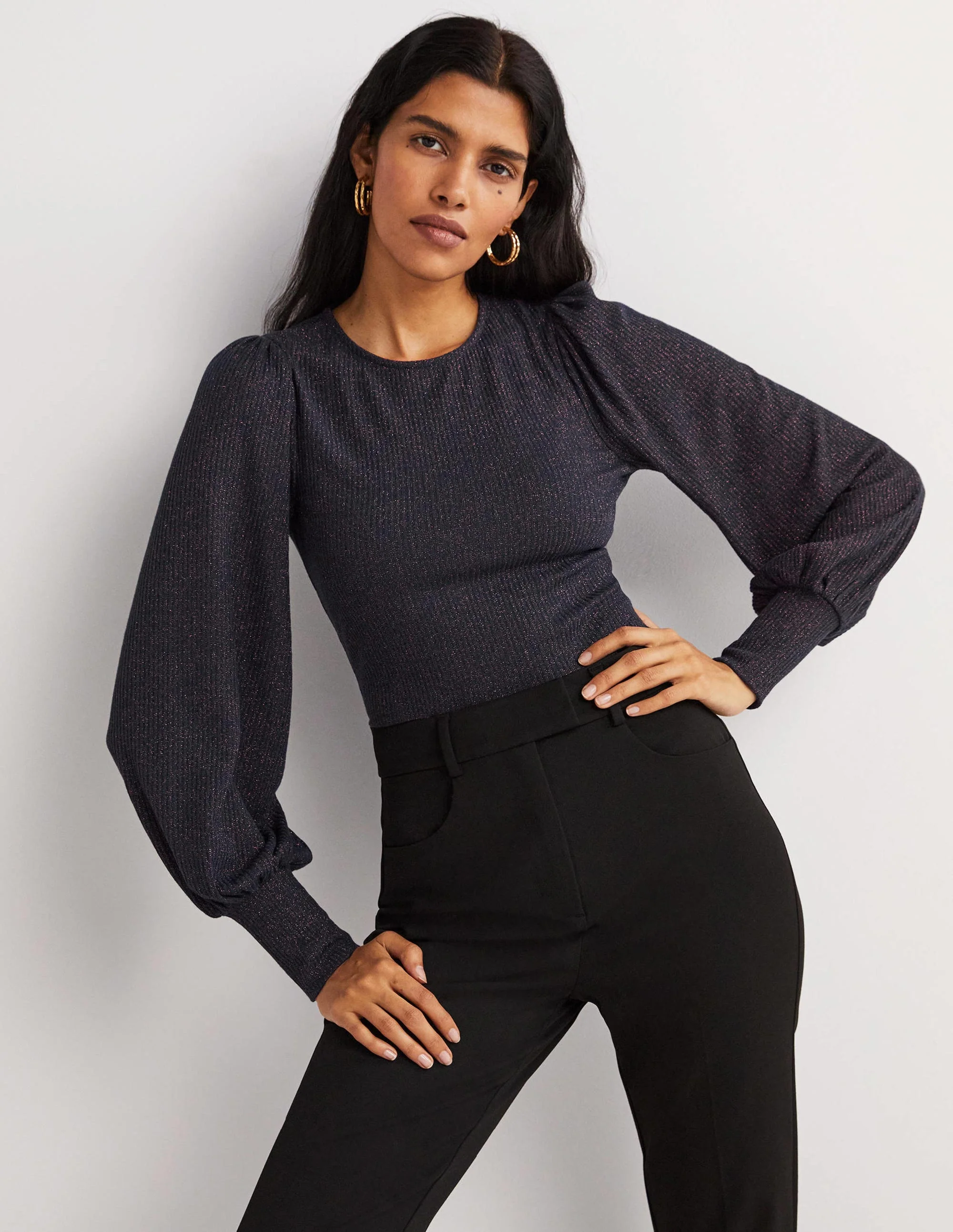 Metallic Blouson Sleeve Top-Navy/Copper Sparkle - Image 2