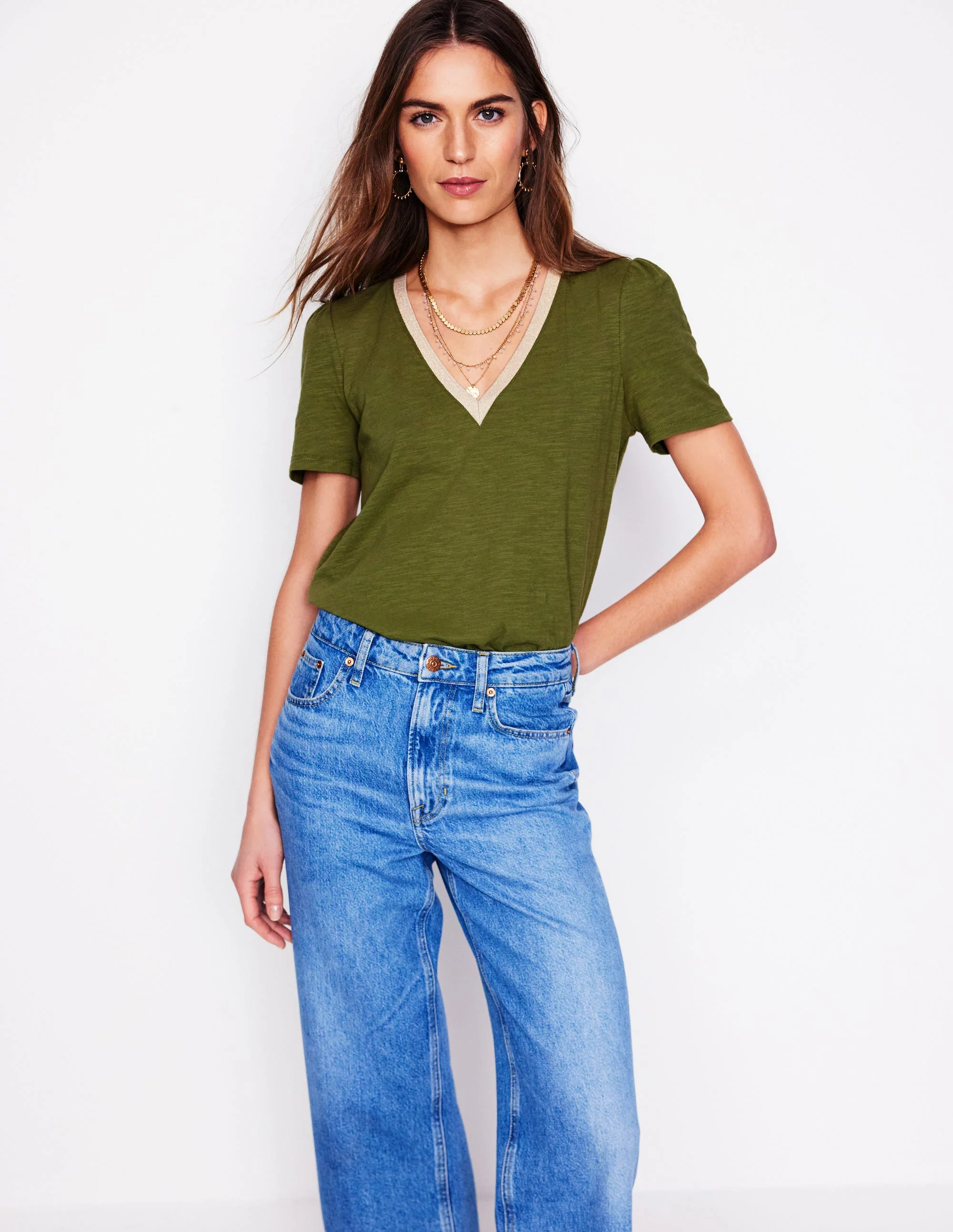 Metallic Trim V Neck T-shirt-Mayfly - Image 2