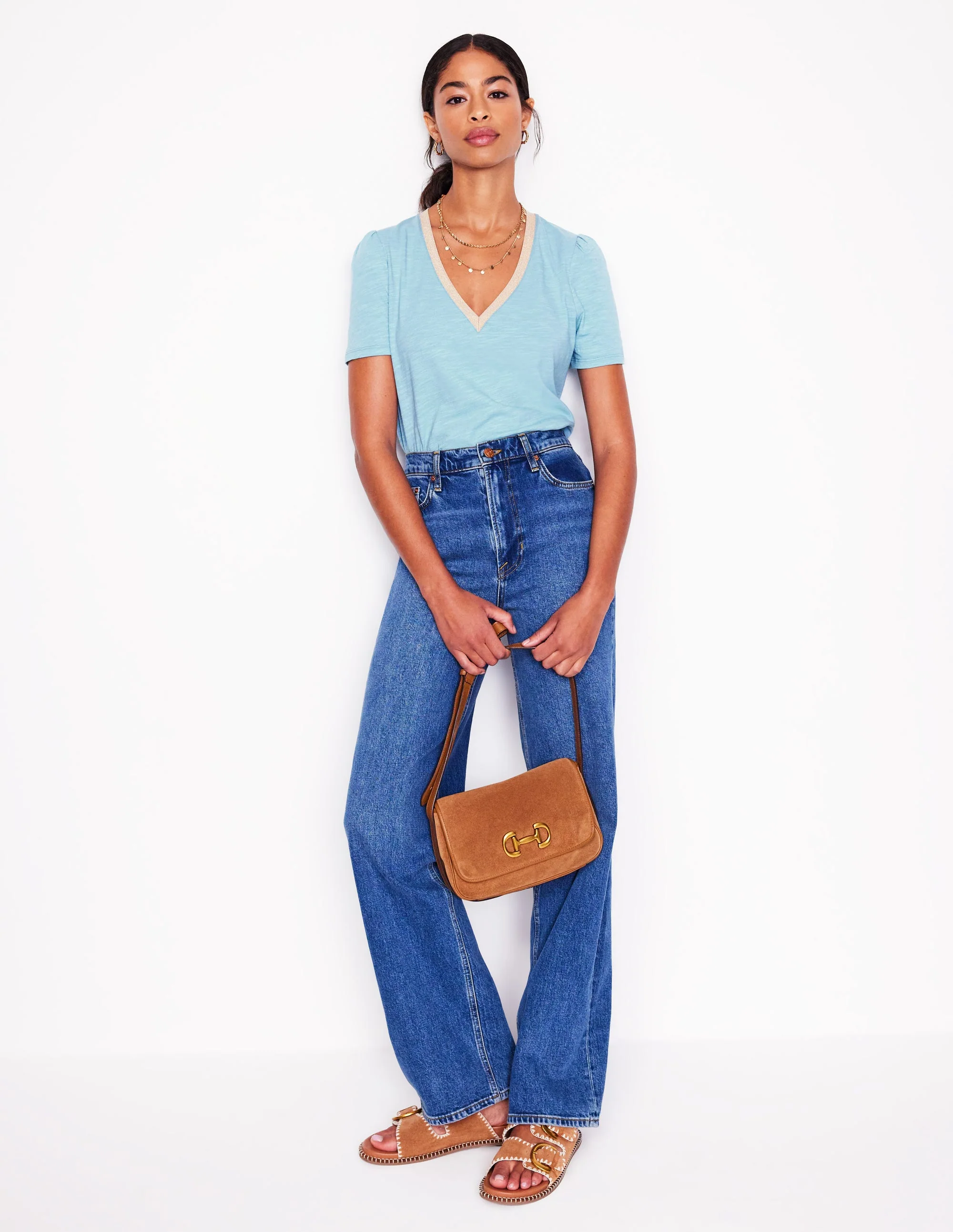 Metallic Trim V Neck T-shirt-Soft Blue - Image 3