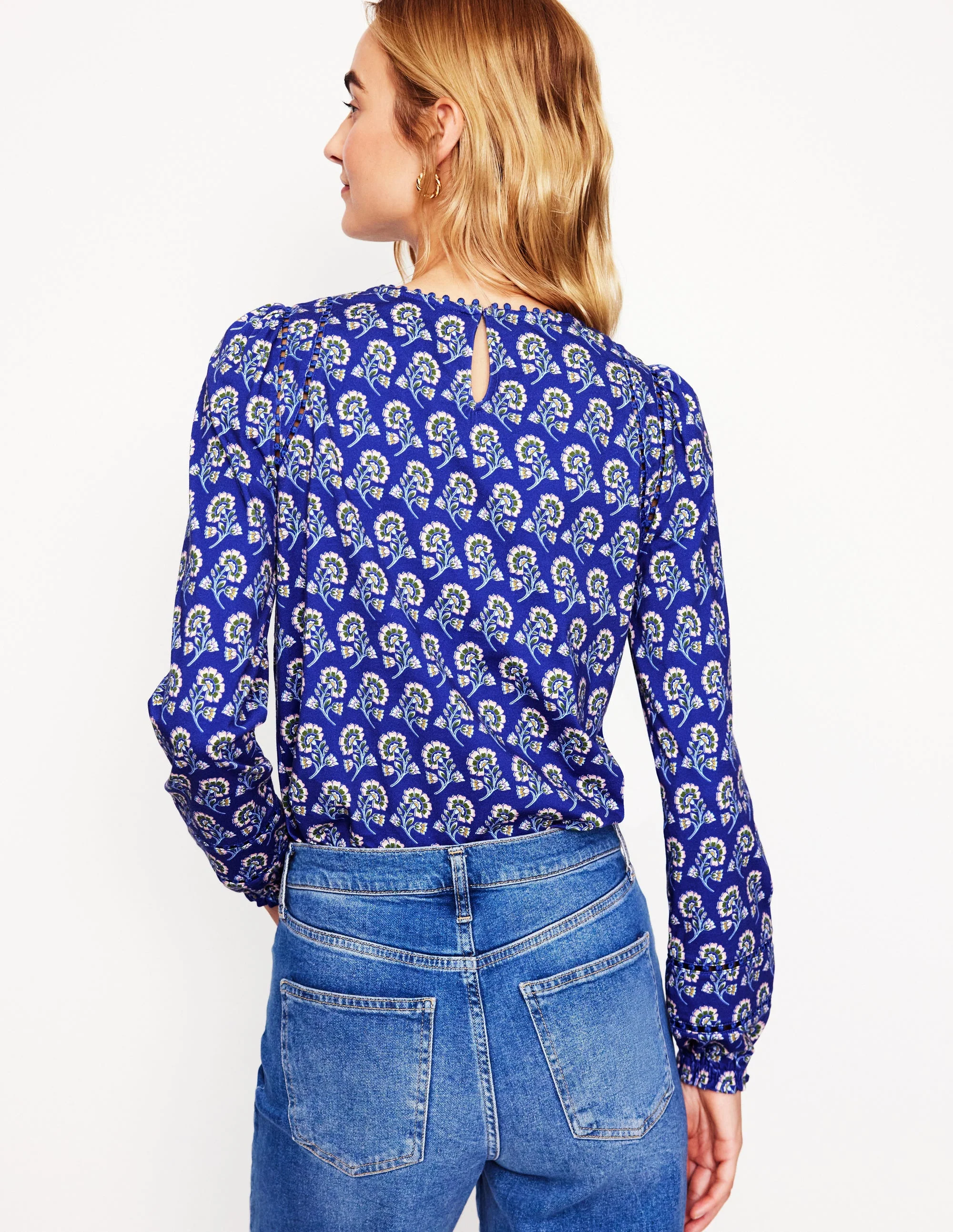 Mila Long Sleeve Top-Sapphire Blue, Azalea Sprig - Image 3
