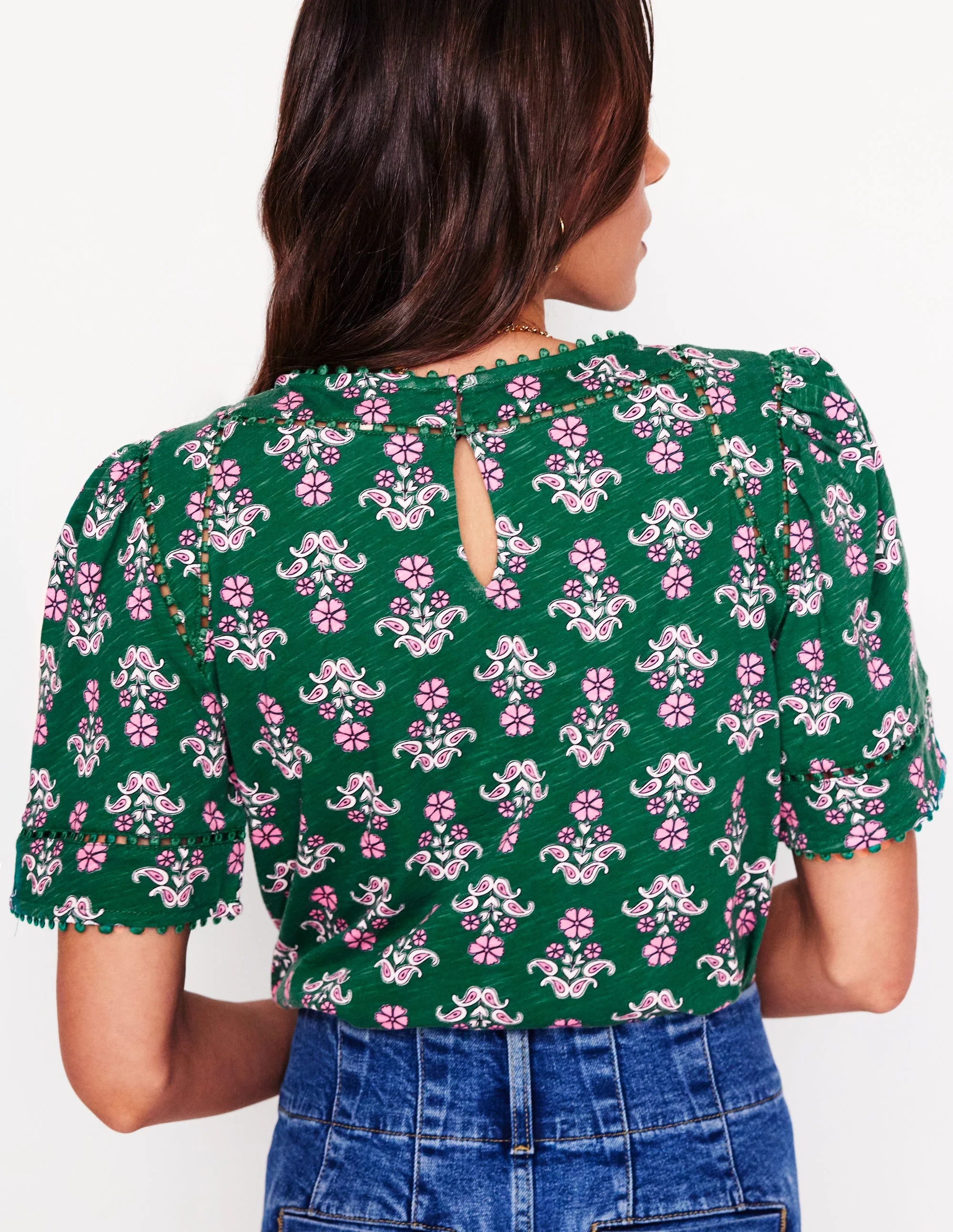 Mila Trim Detail Top-Forest Grass, Pansy Stamp - Image 3