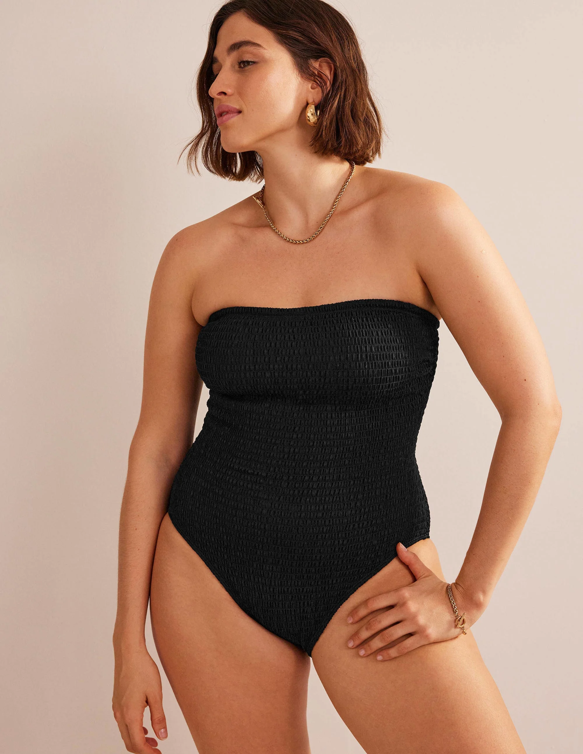 Milos Smocked Bandeau Swimsuit-Black - Image 5
