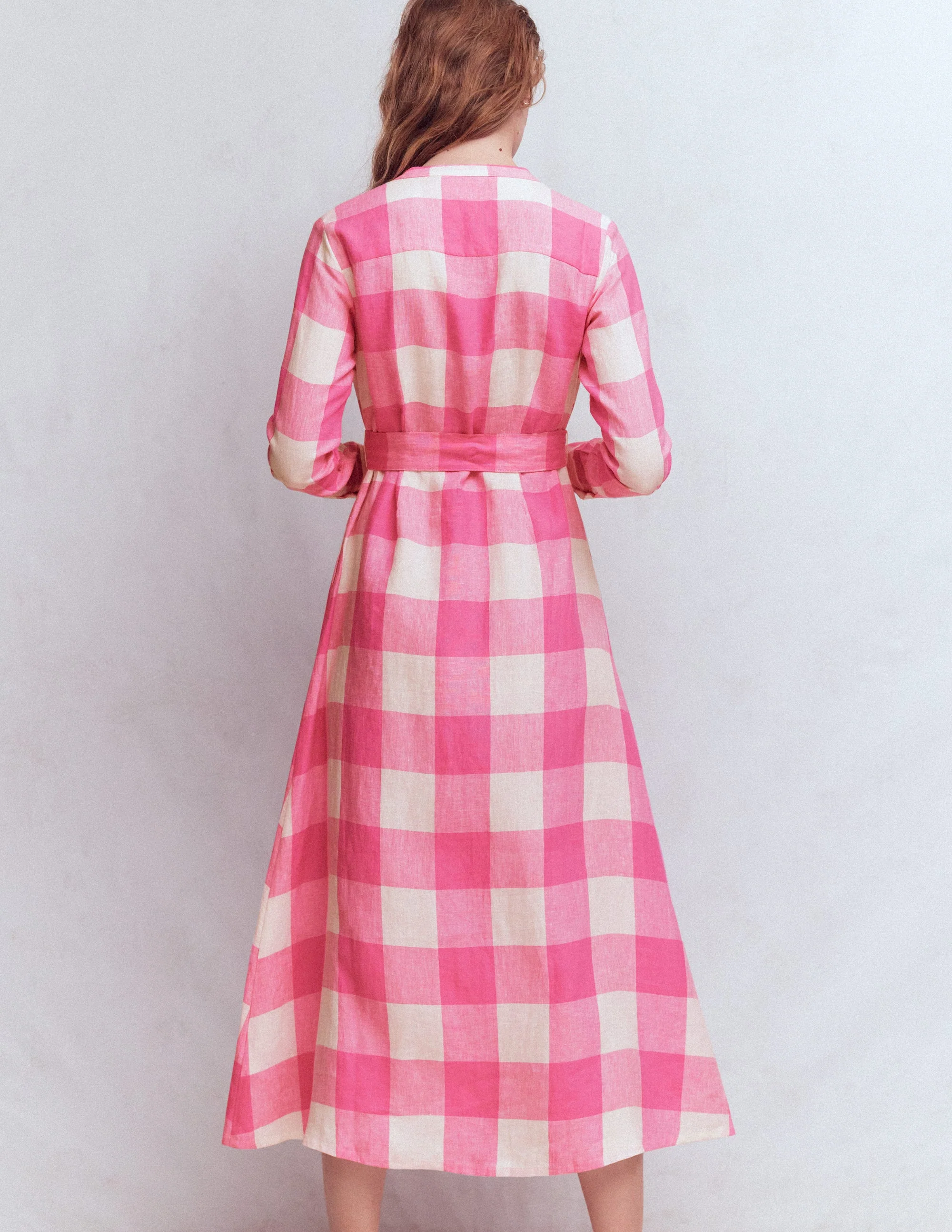 Mollie Linen Midi Dress-Pink Punch Gingham - Image 3