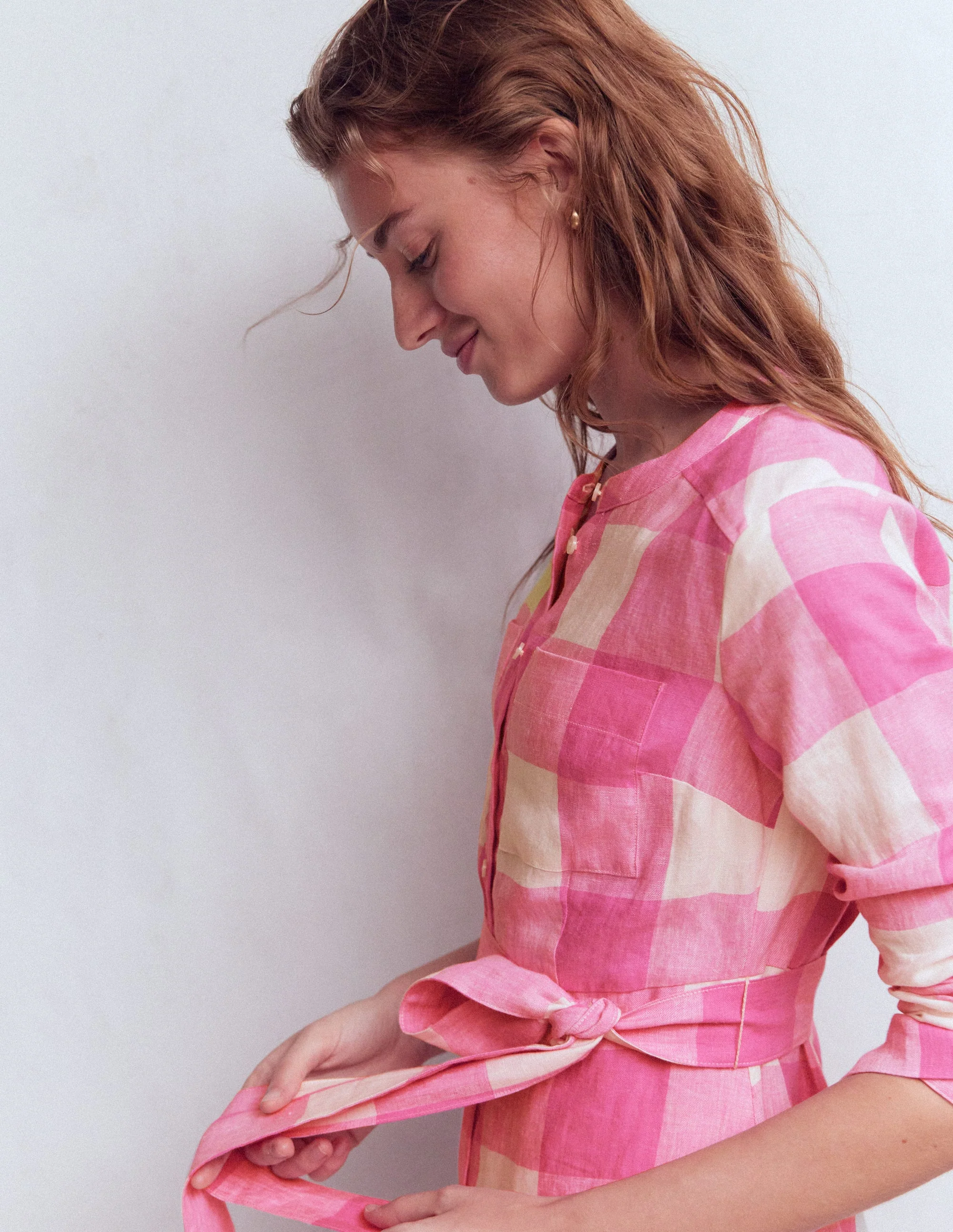 Mollie Linen Midi Dress-Pink Punch Gingham - Image 5