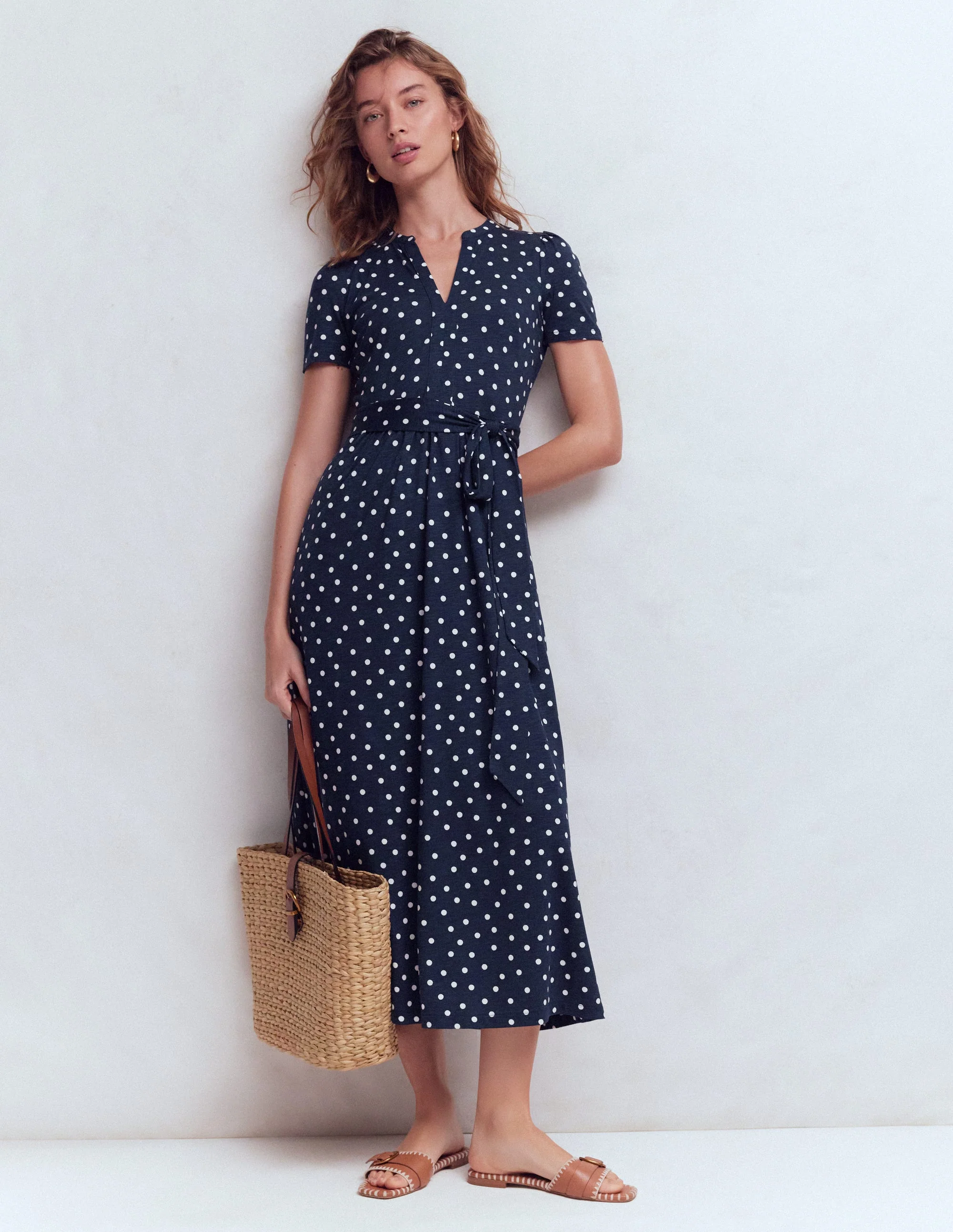Naomi Jersey Midi Dress-Navy and Ivory, Painted Dot