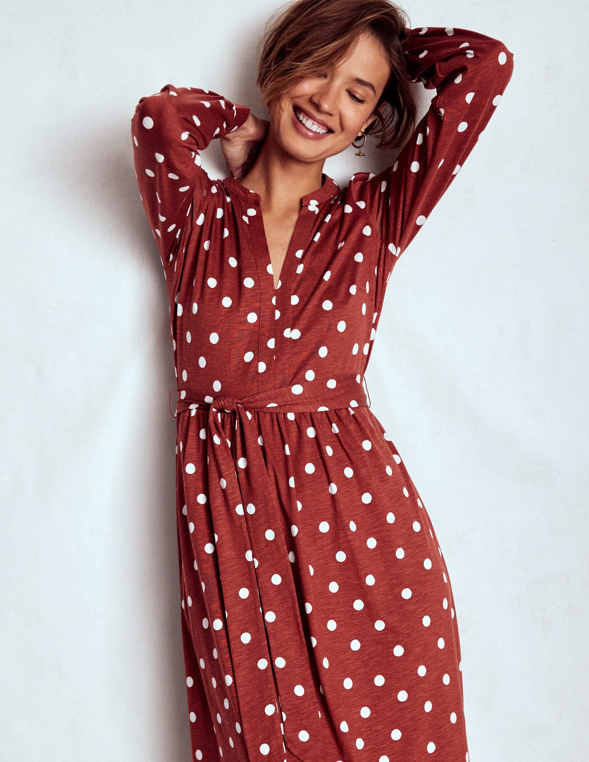 Naomi Long Sleeve Jersey Dress-Burnt Orange, Painted Dot - Image 2
