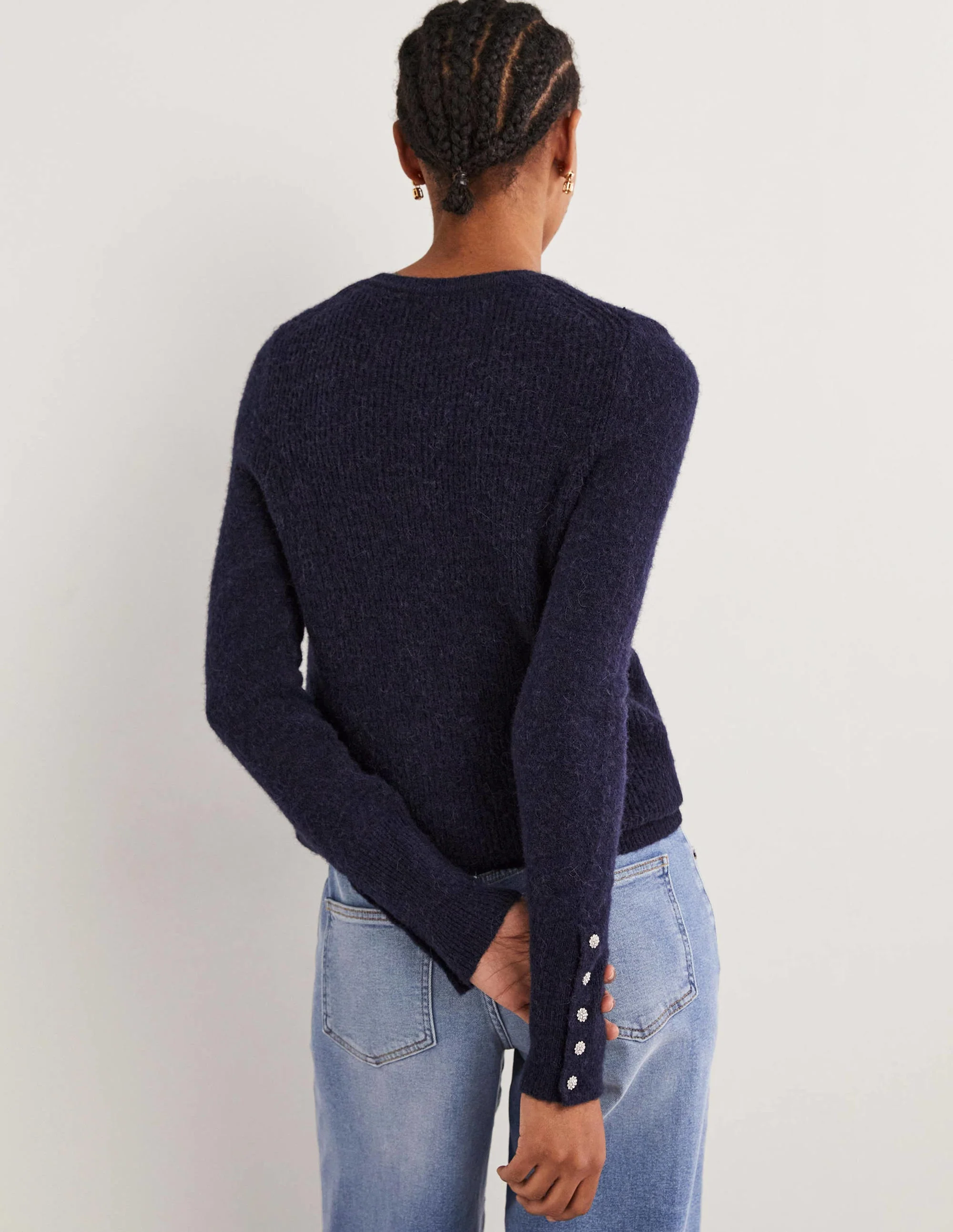 Navy Jewel Button Fluffy Sweater-Navy - Image 3