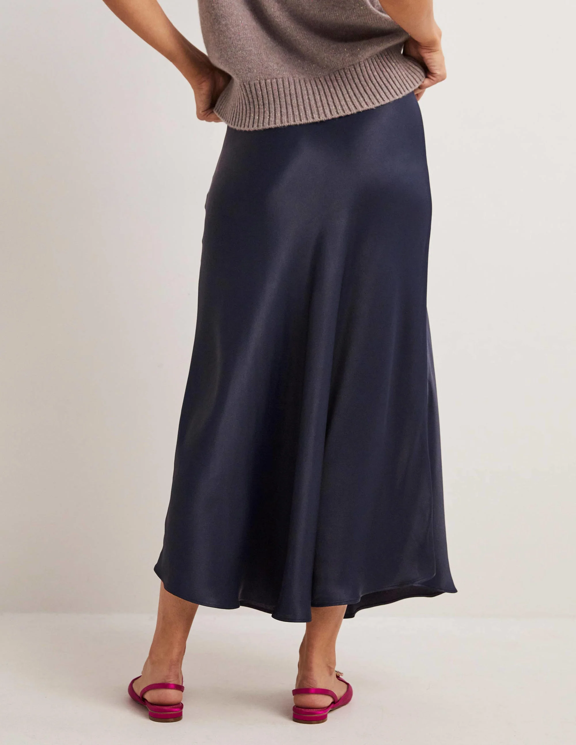 Navy Satin Bias-cut Midi Skirt-Navy - Image 3