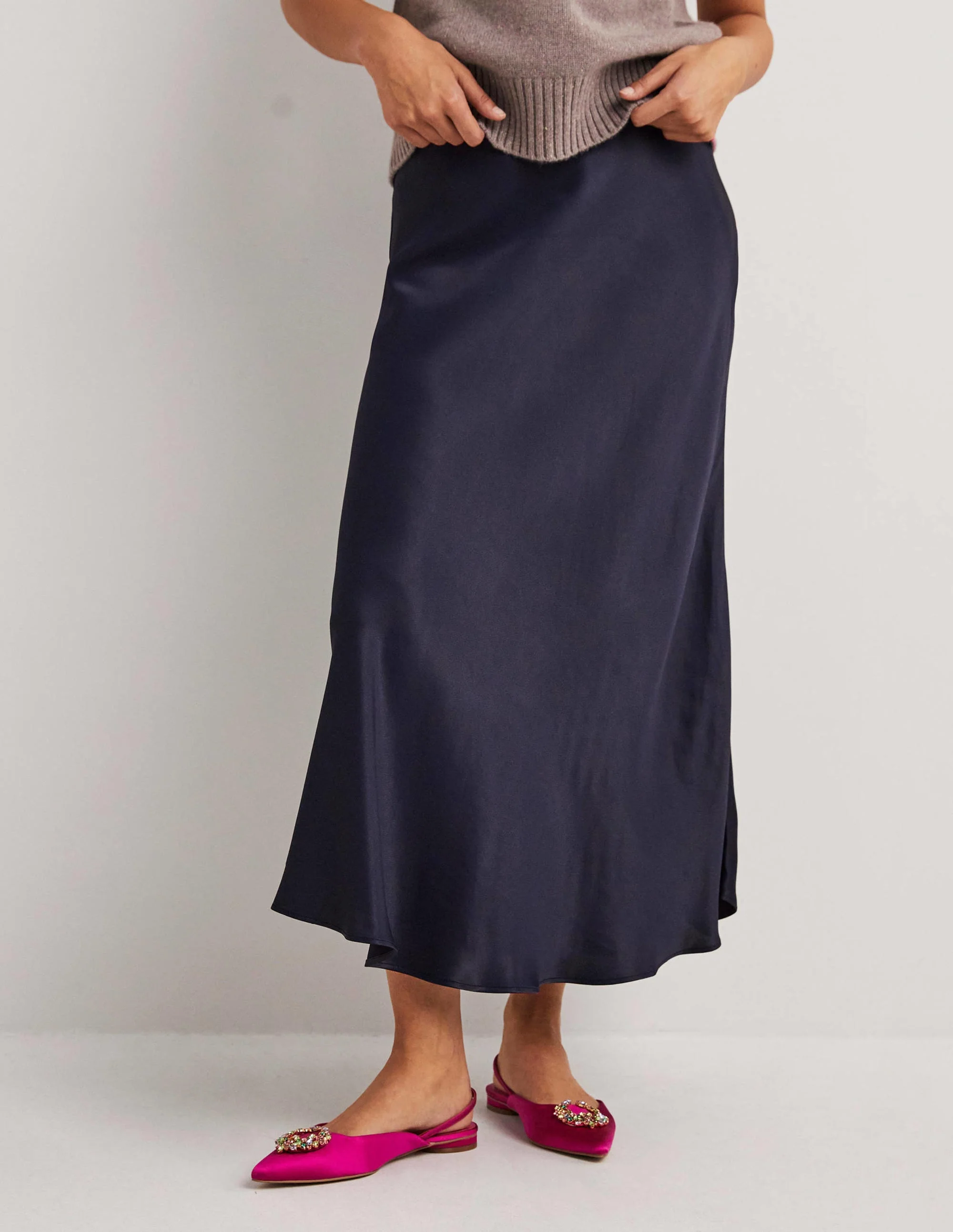 Navy Satin Bias-cut Midi Skirt-Navy - Image 4