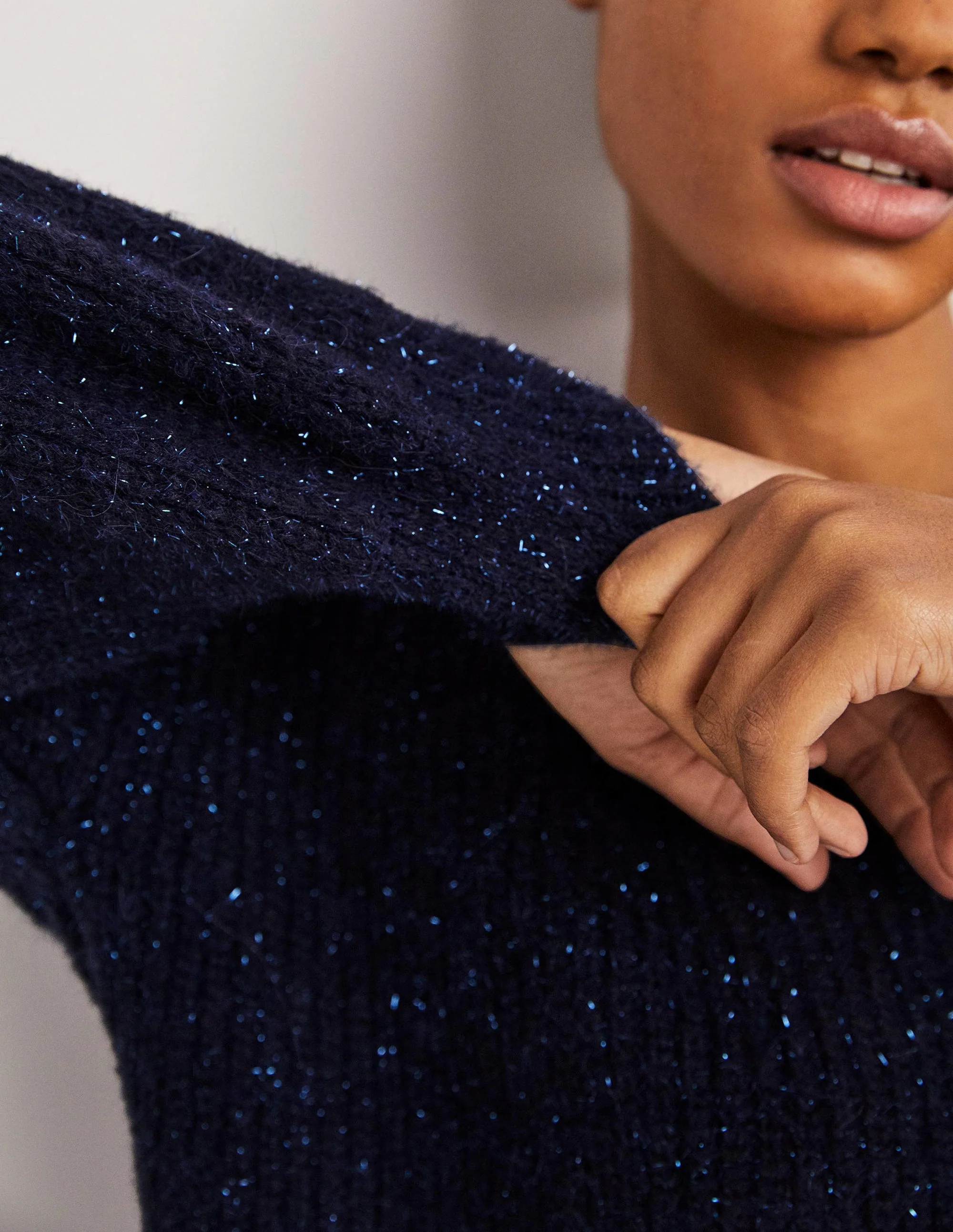 Navy Sparkle Ribbed Fluffy V-Neck Sweater-Navy Sparkle - Image 2