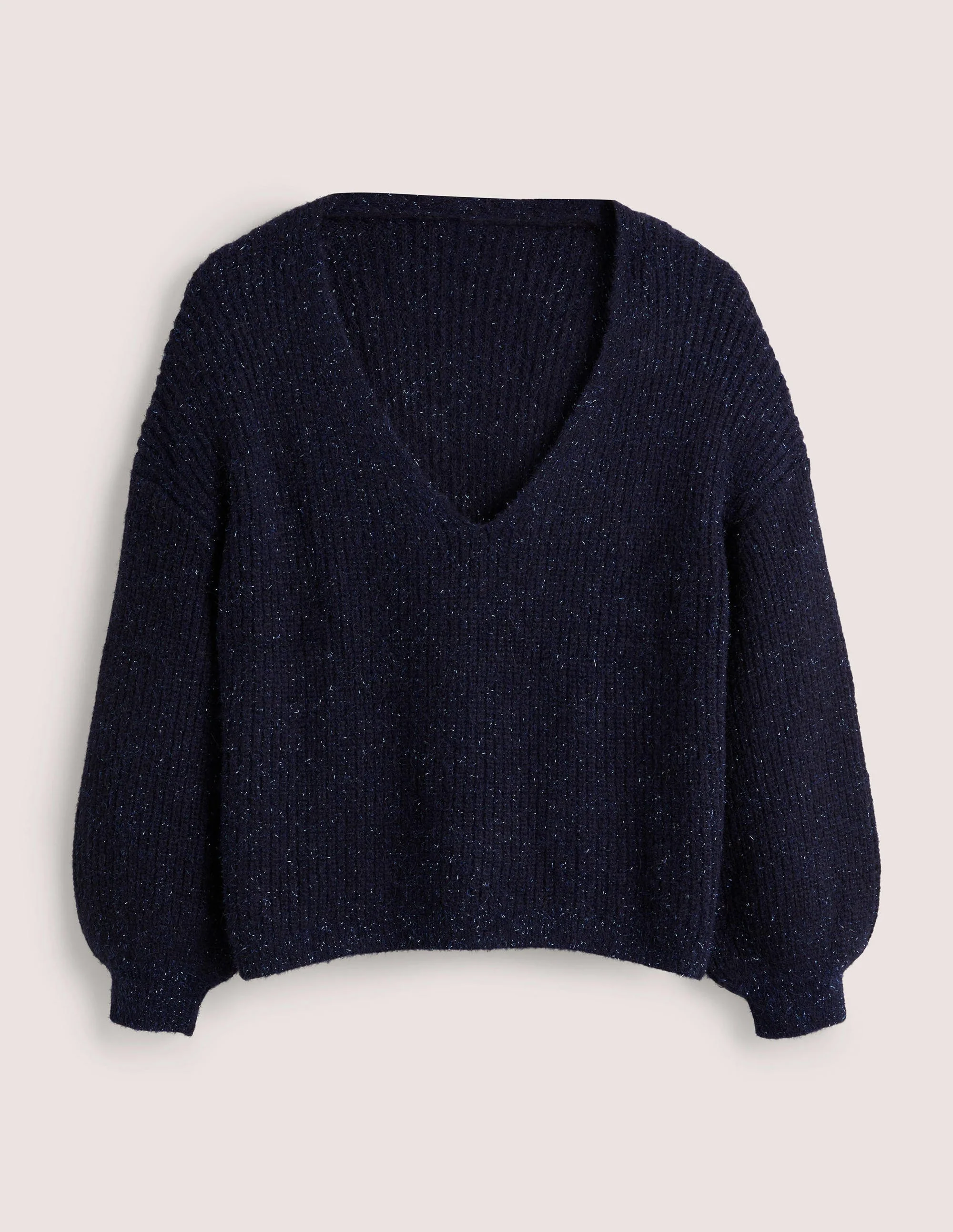 Navy Sparkle Ribbed Fluffy V-Neck Sweater-Navy Sparkle - Image 5