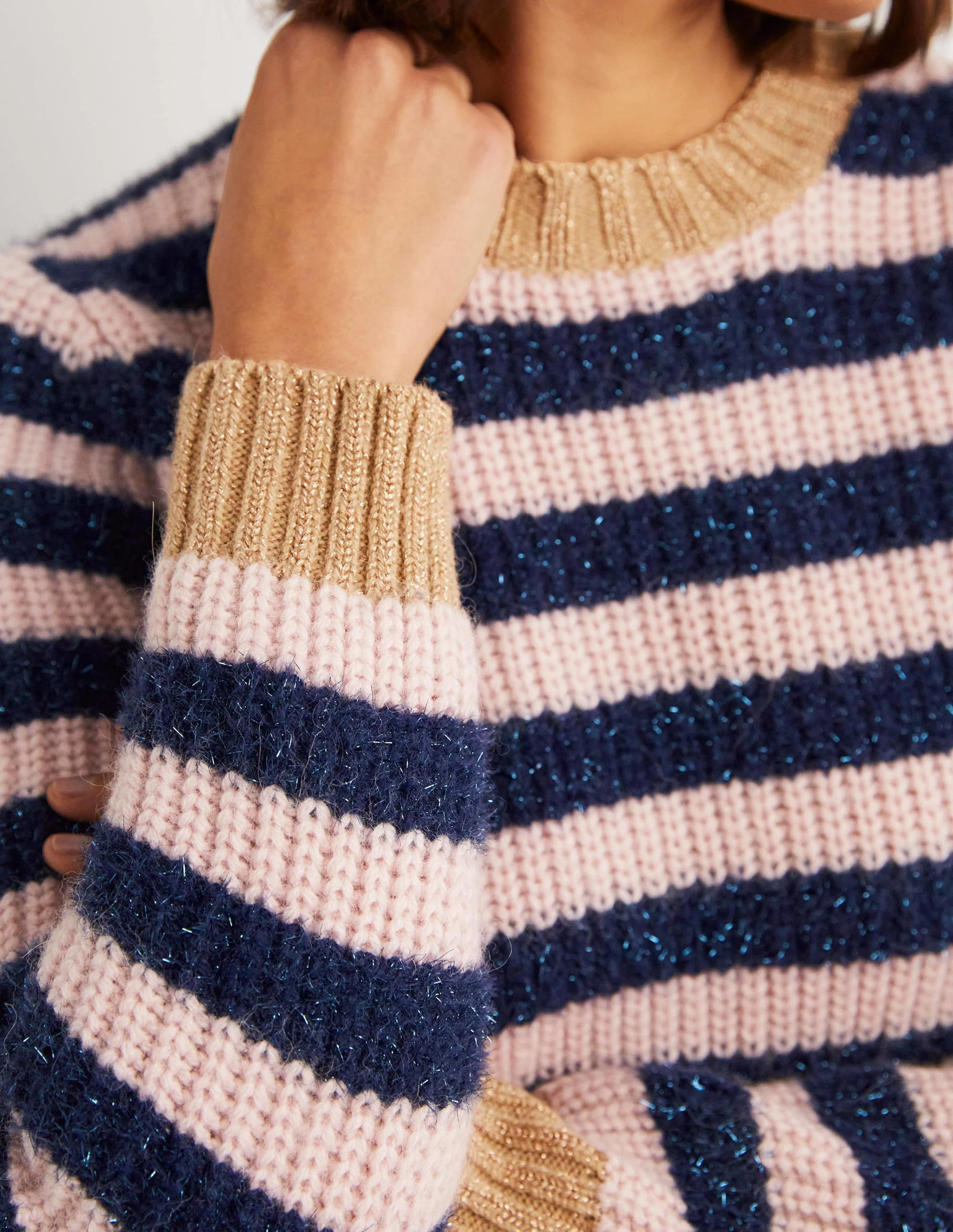 Navy Sparkle Stripe Ribbed Sweater-Navy, Pink Tinsel Stripe - Image 2