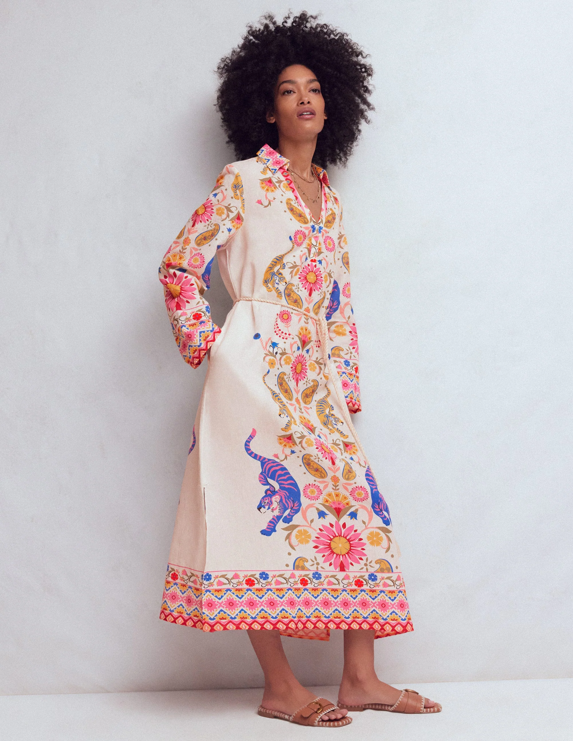 Notch Collar Linen Blend Tunic-Multi Tiger Tapestry