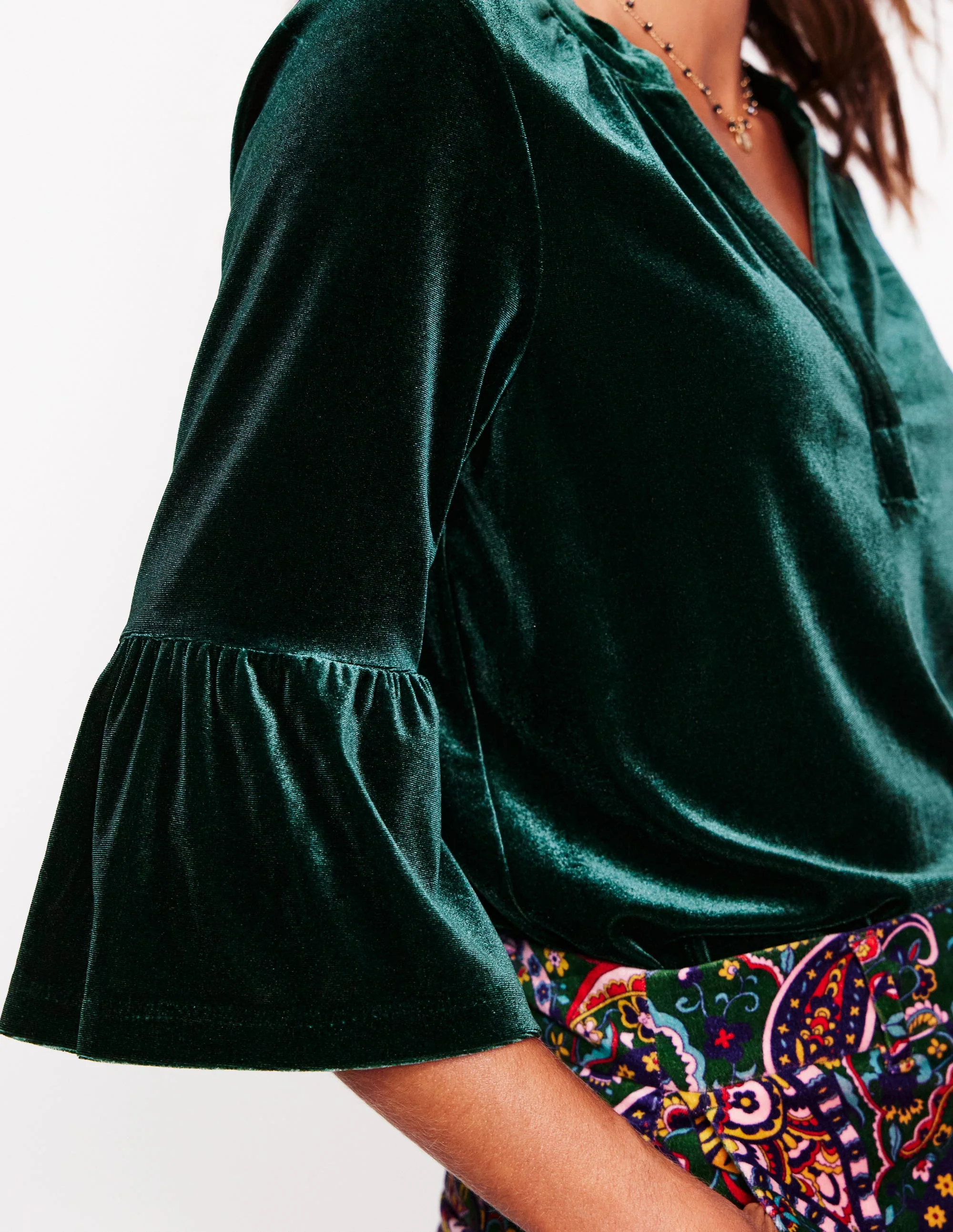 Notch Neck Frill Velvet Top-Glade - Image 2