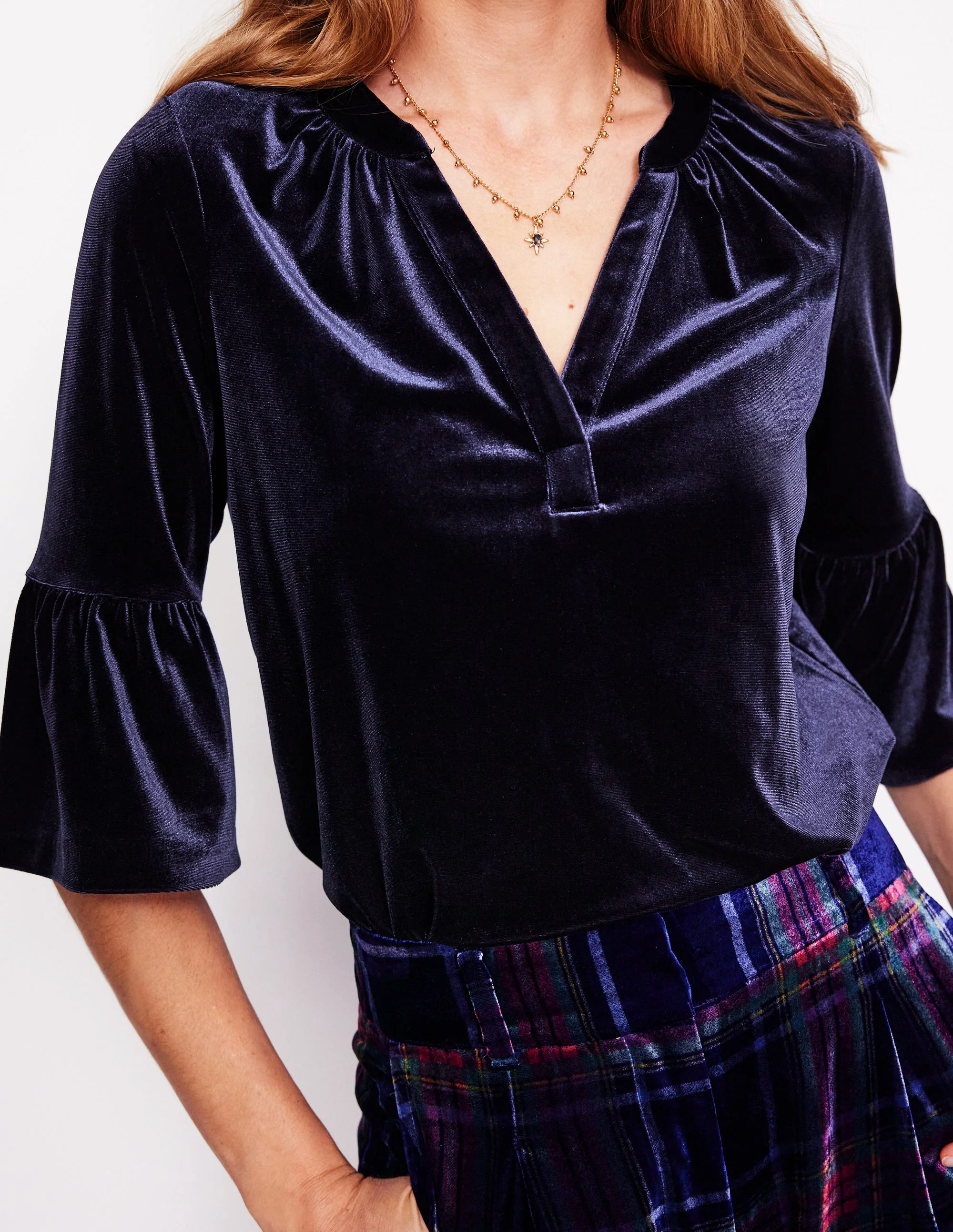Notch Neck Frill Velvet Top-Navy - Image 2