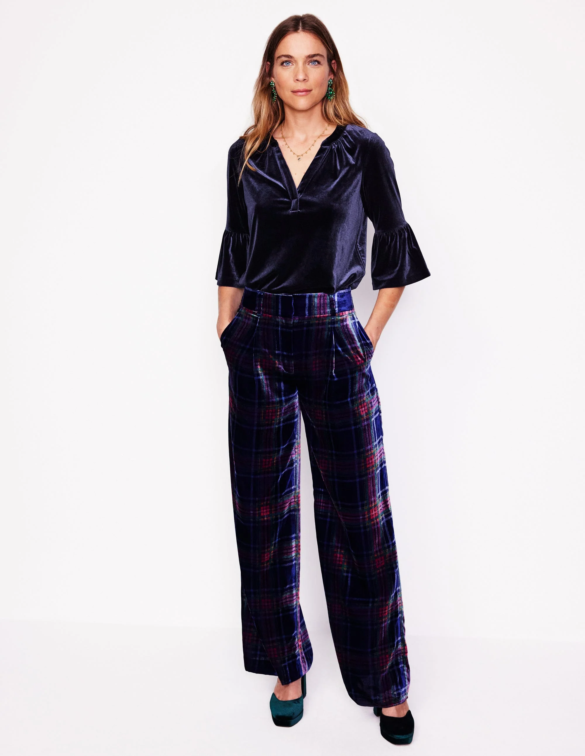 Notch Neck Frill Velvet Top-Navy - Image 4