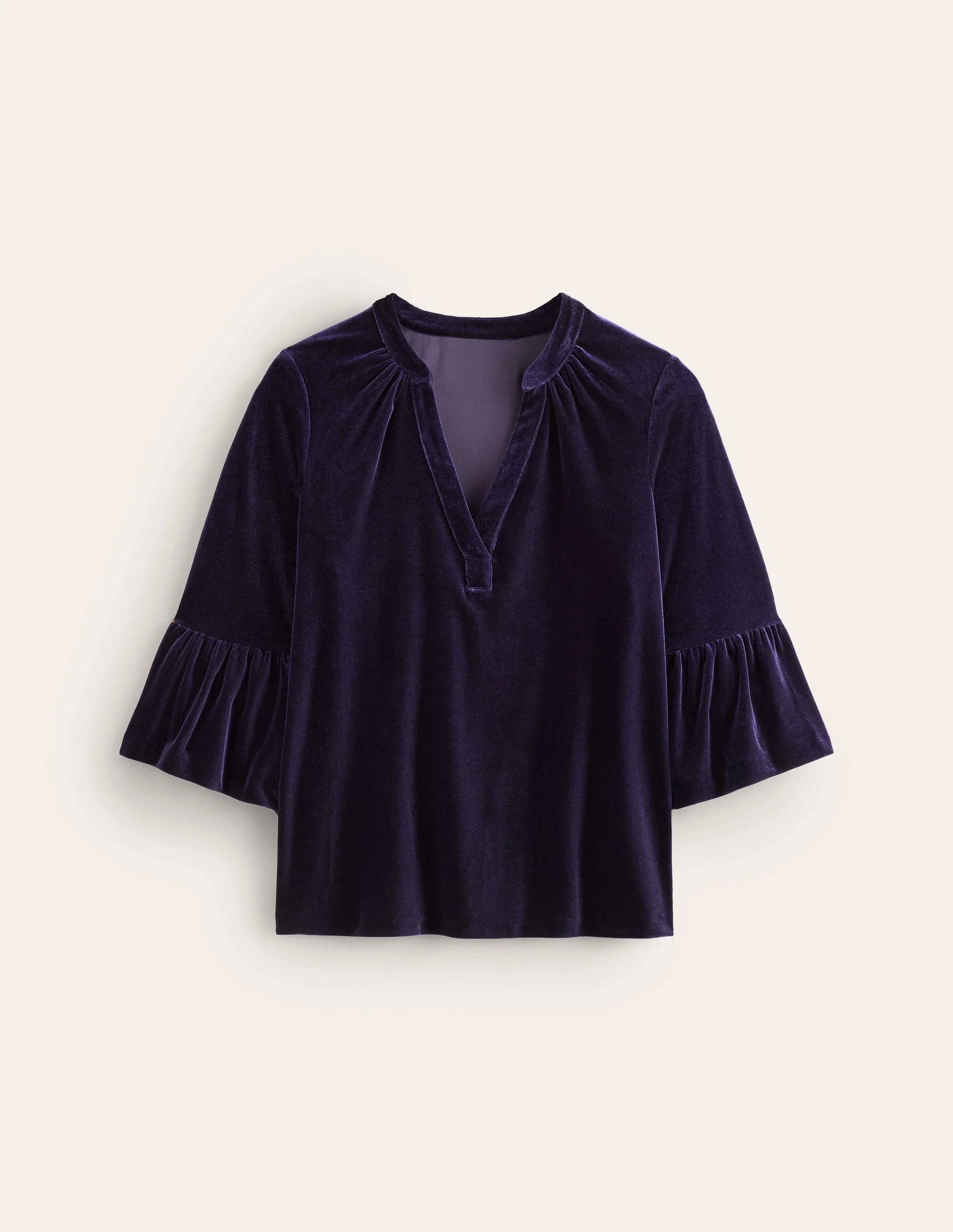 Notch Neck Frill Velvet Top-Navy - Image 5