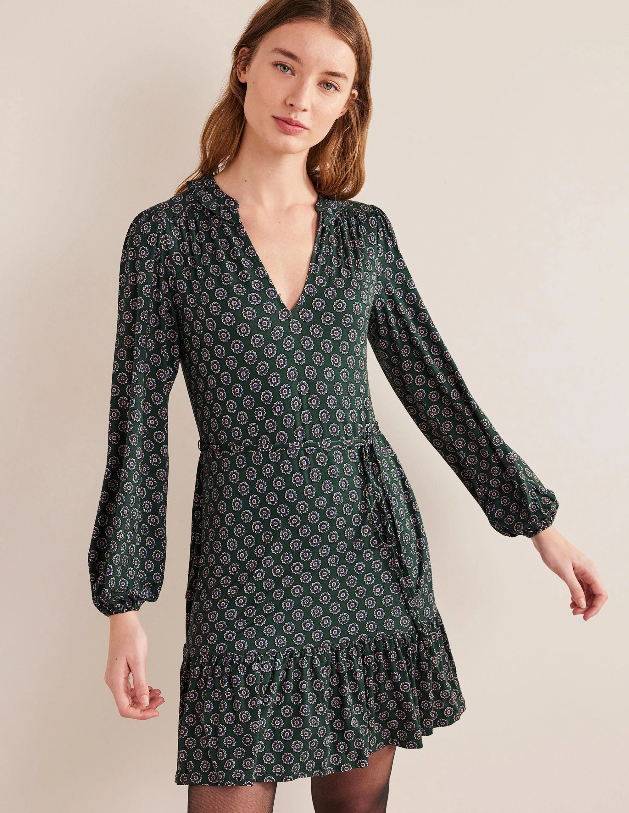 Notch Neck Jersey Dress-Green, Sunflower Geo