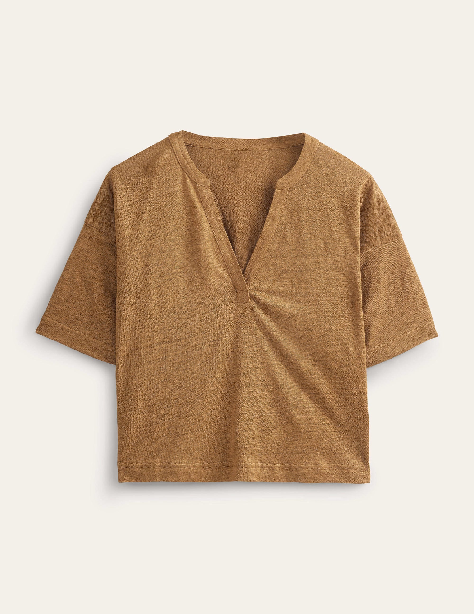 Notch Neck Linen Henley Top-Camel - Image 5