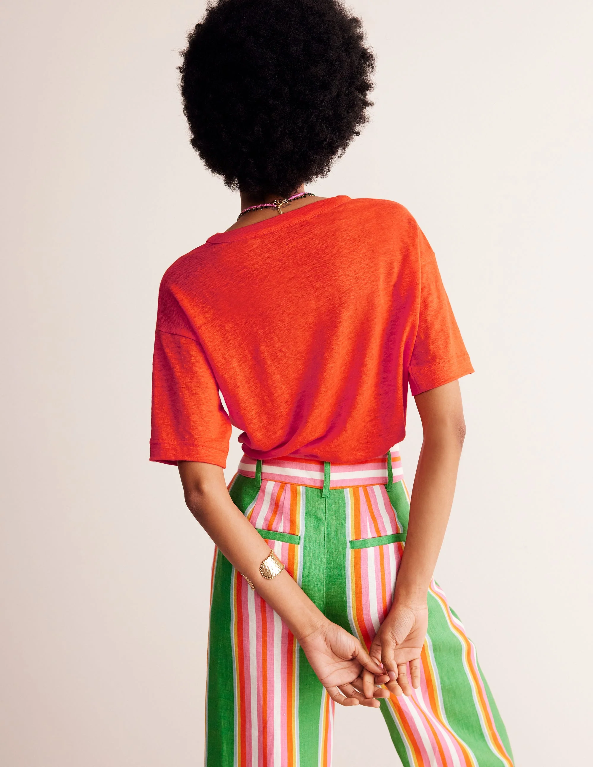Notch Neck Linen Henley Top-Mandarin Orange - Image 3