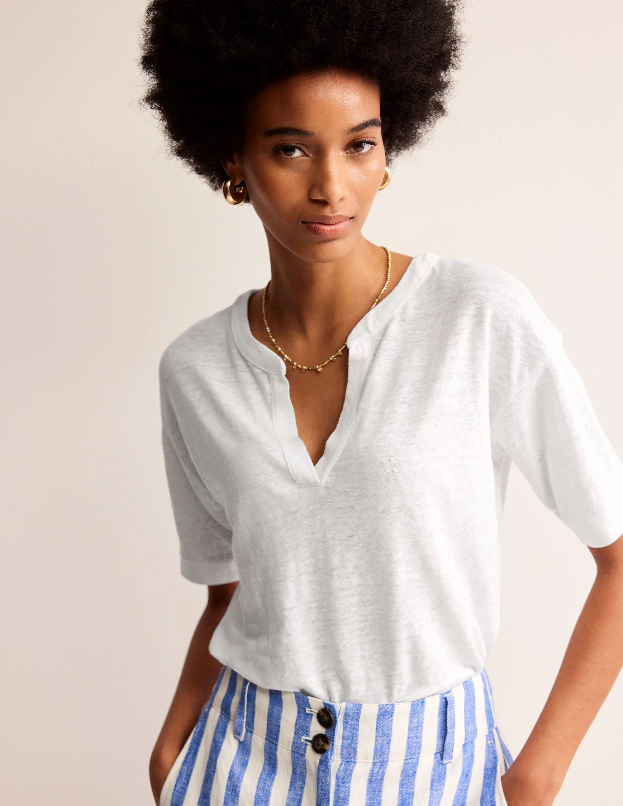 Notch Neck Linen Henley Top-White - Image 4