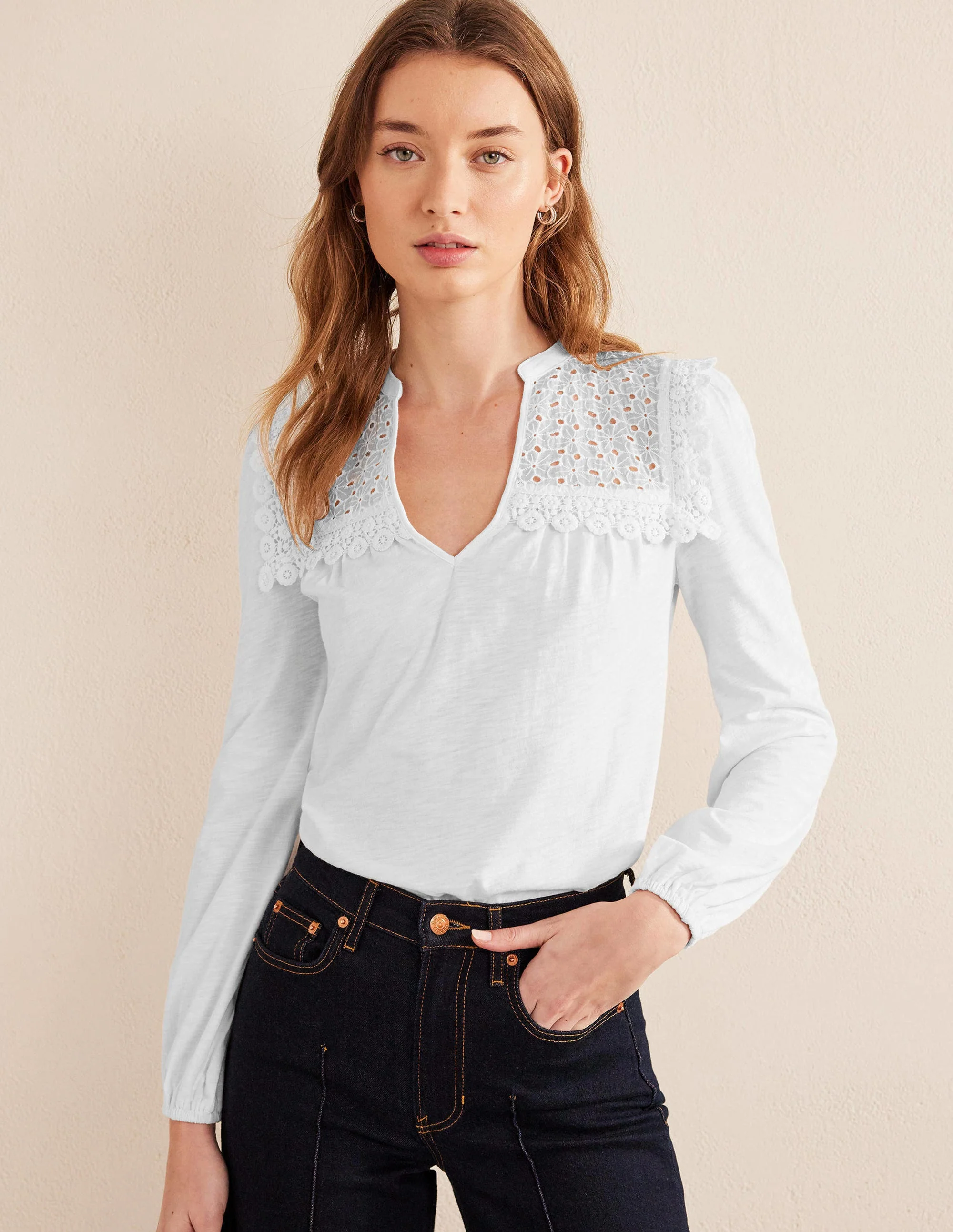 Notch Neck Woven Mix Top-White