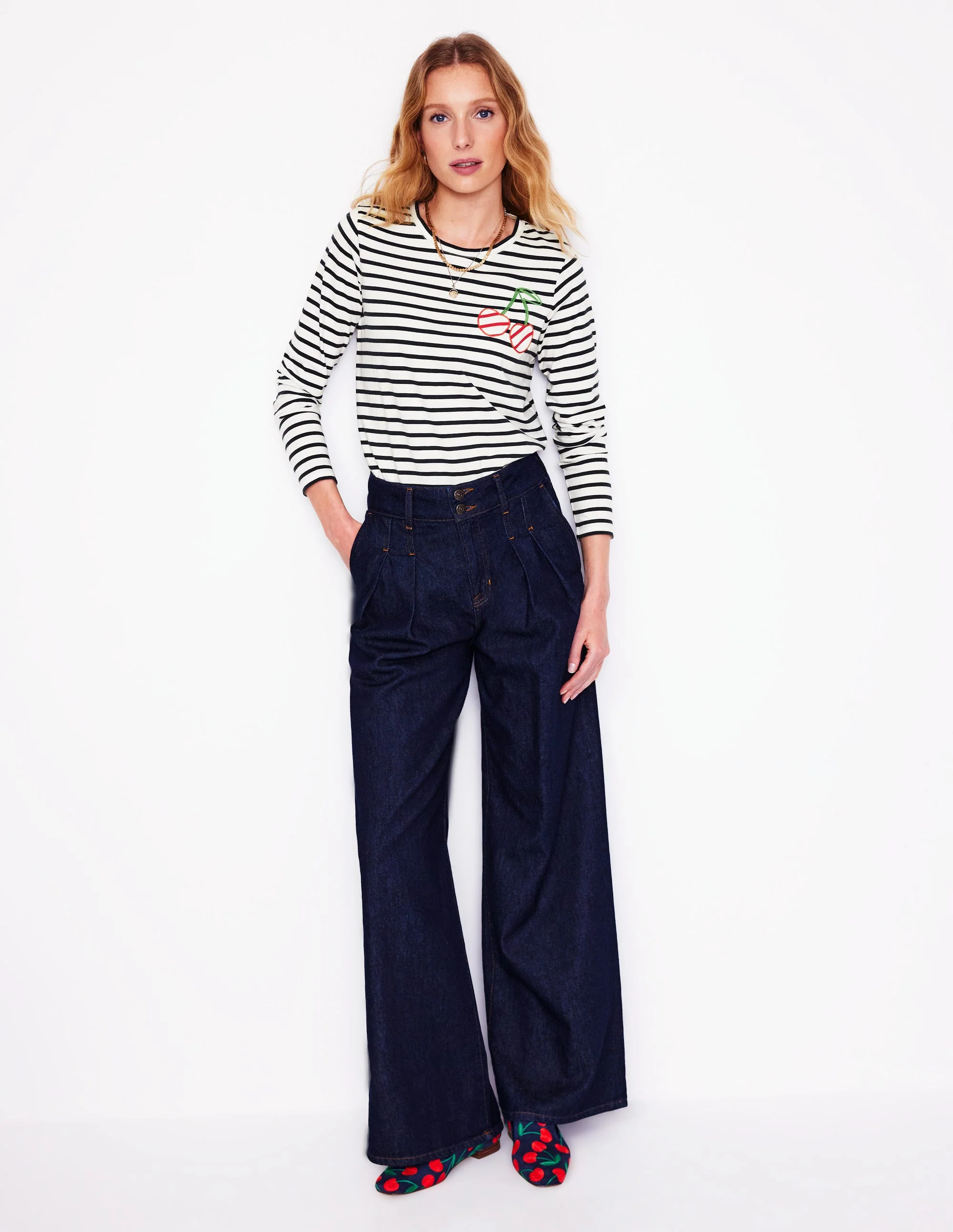 Novelty Long Sleeve Jersey Top-Ivory, Navy Cherries