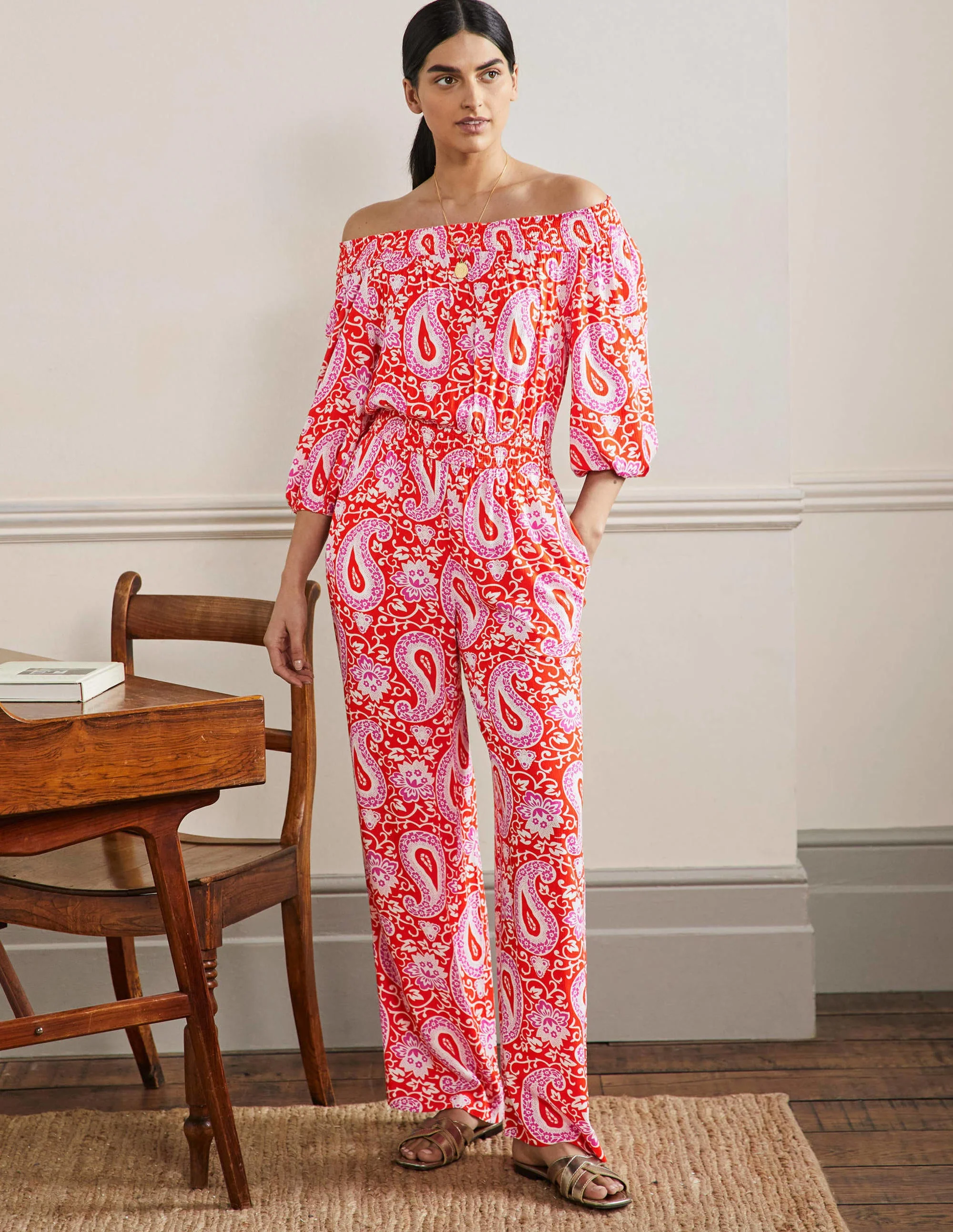 Off Shoulder Jumpsuit-Papaya, Enchanting Paisley