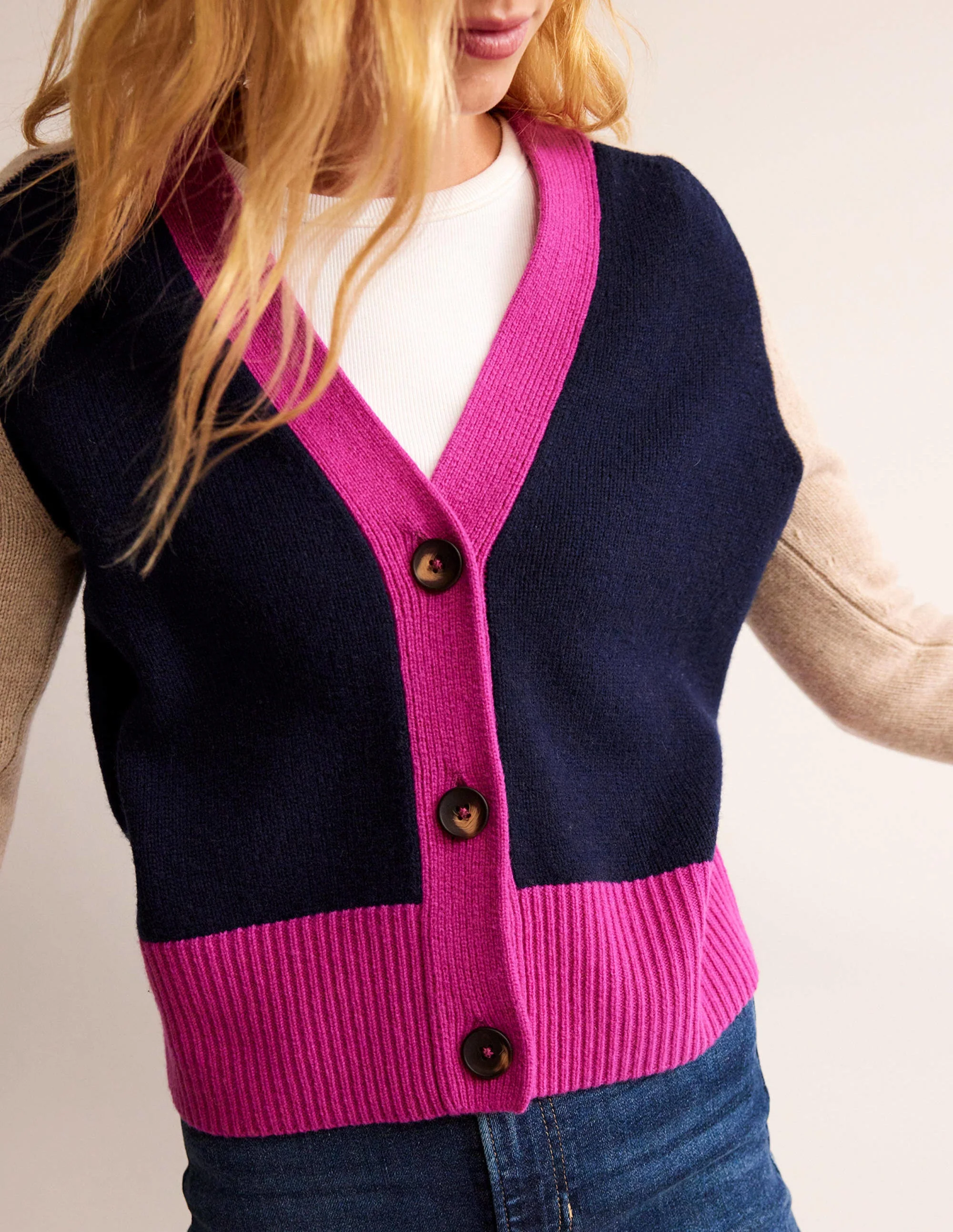 Olivia Merino Cardigan-French Navy Colourblock - Image 2