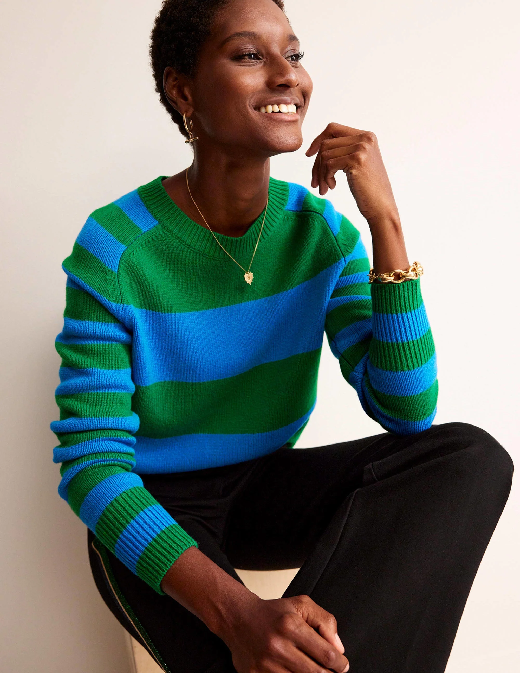 Olivia Merino Sweater-Bight Cobalt / Veridian Green