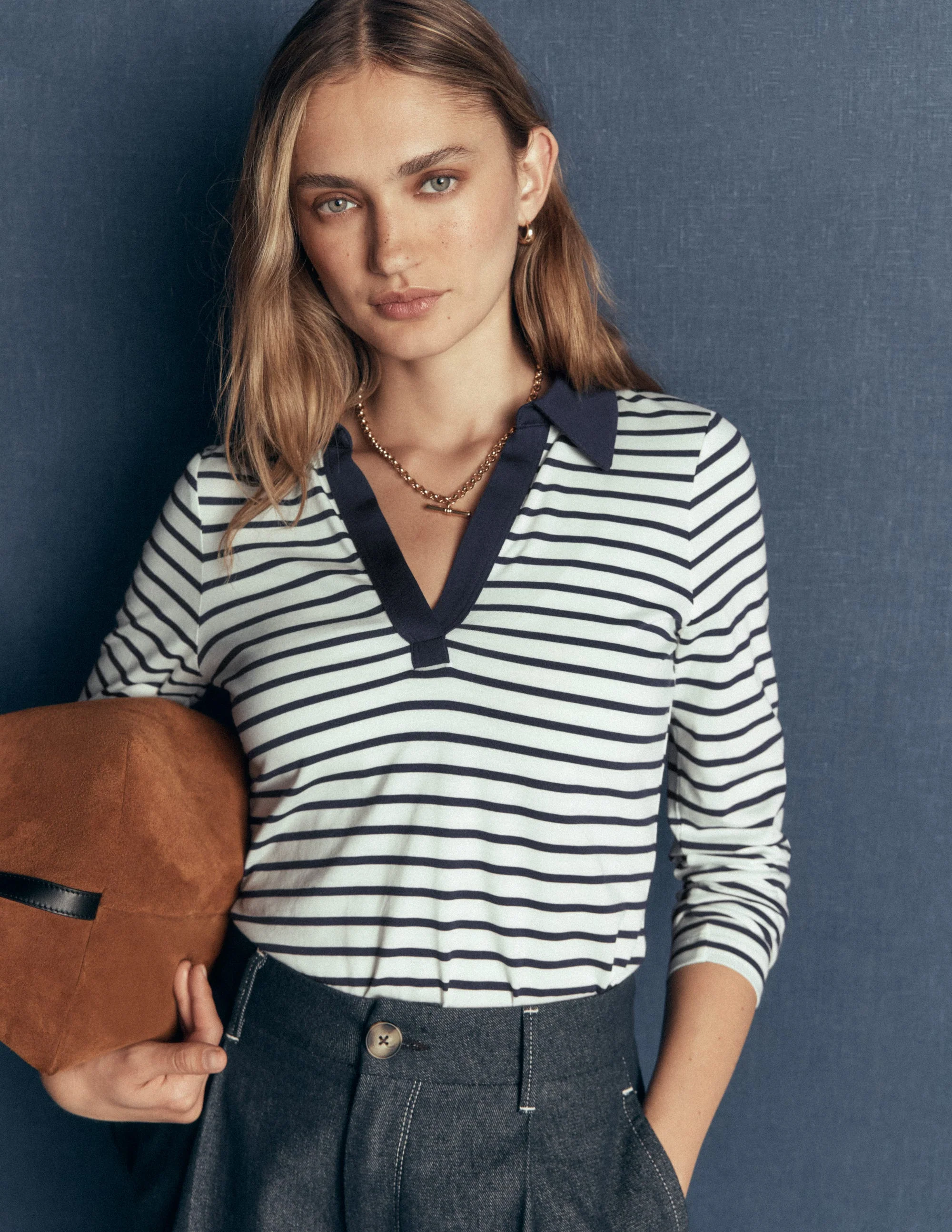 Open Collar Notch Neck-Ivory/ Navy Stripe