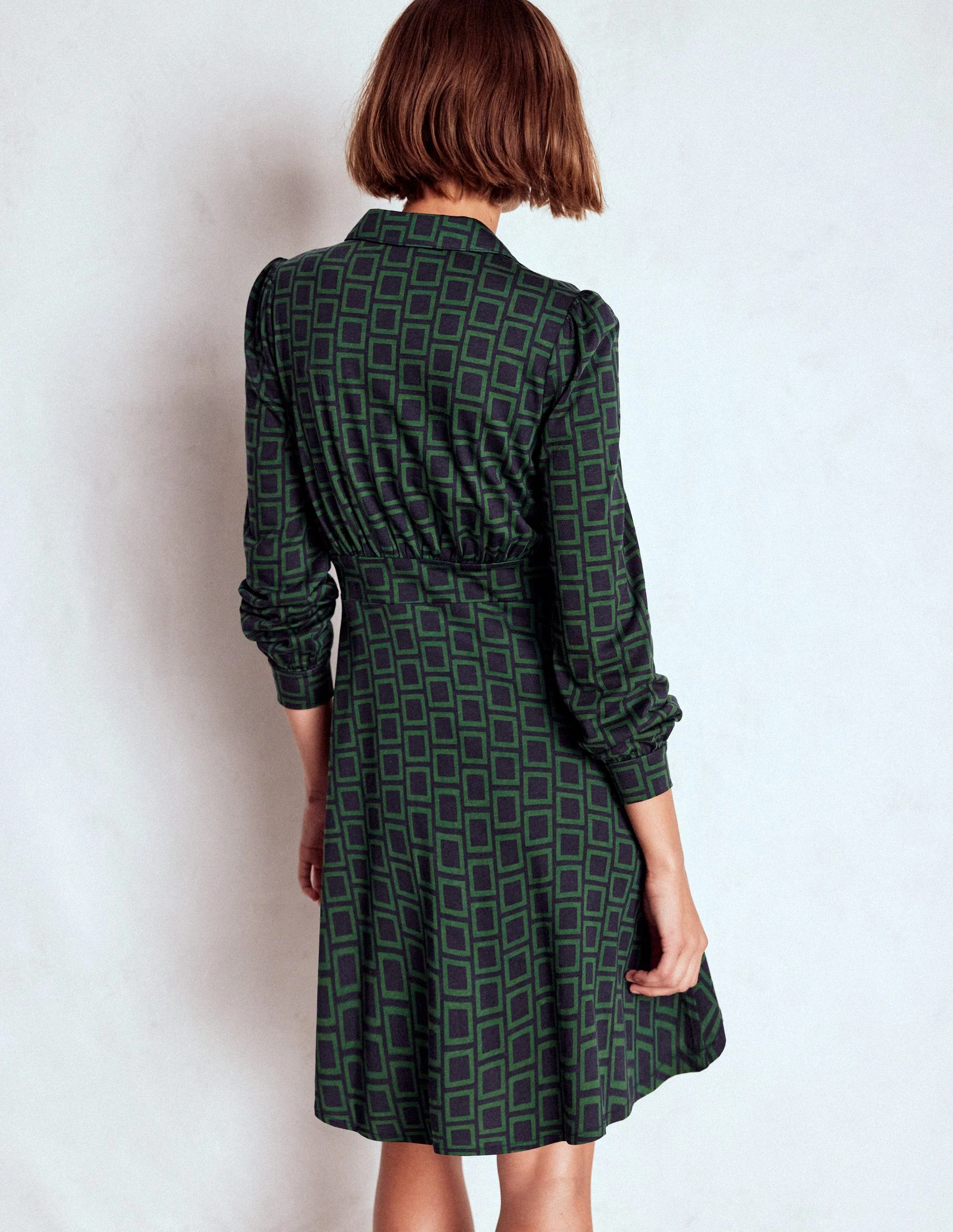 Orla Short Jersey Shirt Dress-Dark Green, Square Geometric - Image 3