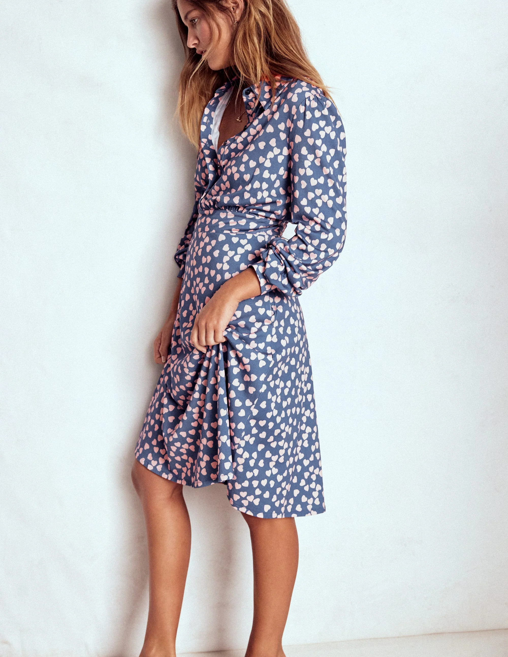 Orla Short Jersey Shirt Dress-Denim Blue. Heart Cascade - Image 4
