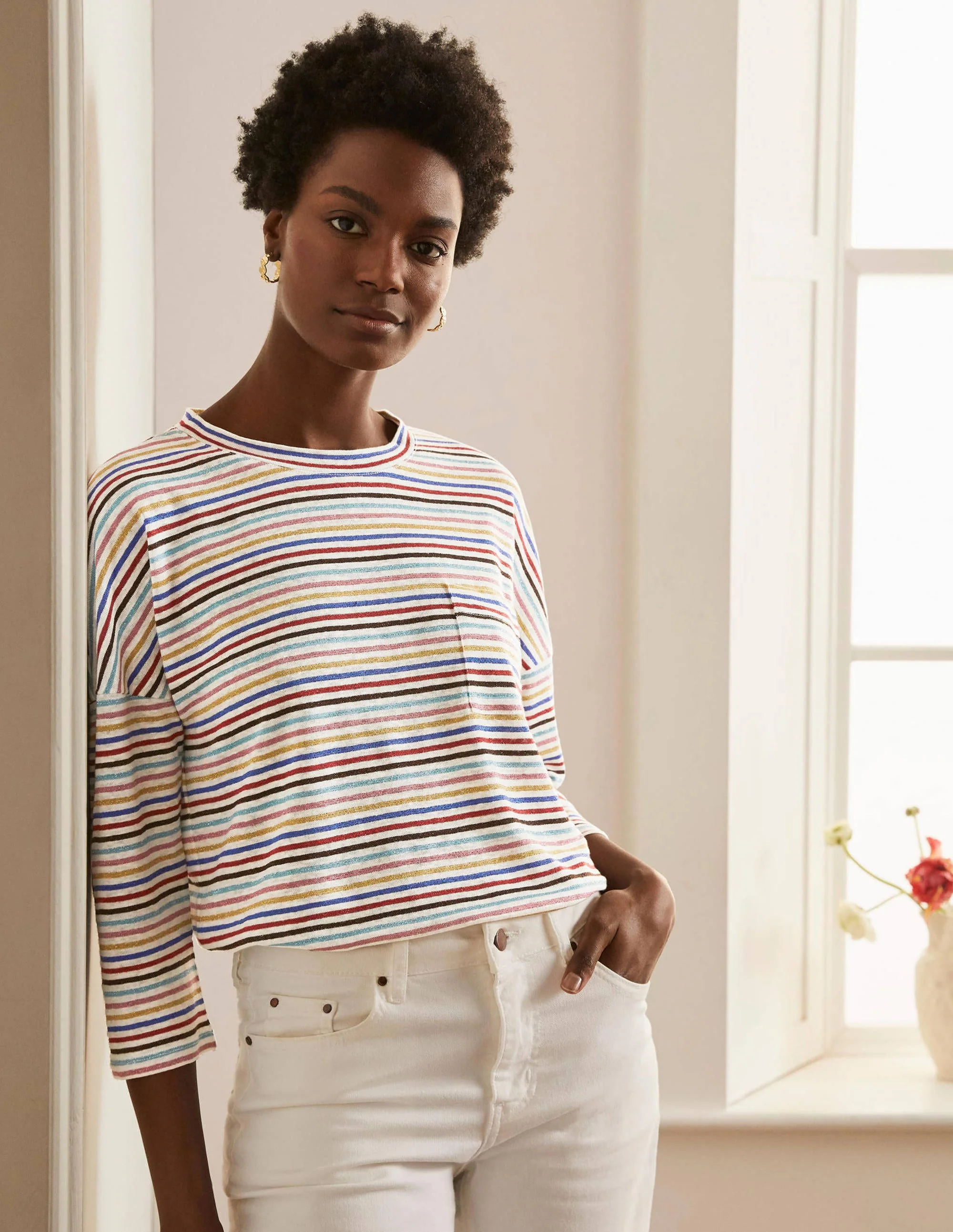 Ottilie Linen Jersey Top-Metallic Rainbow Multi Stripe