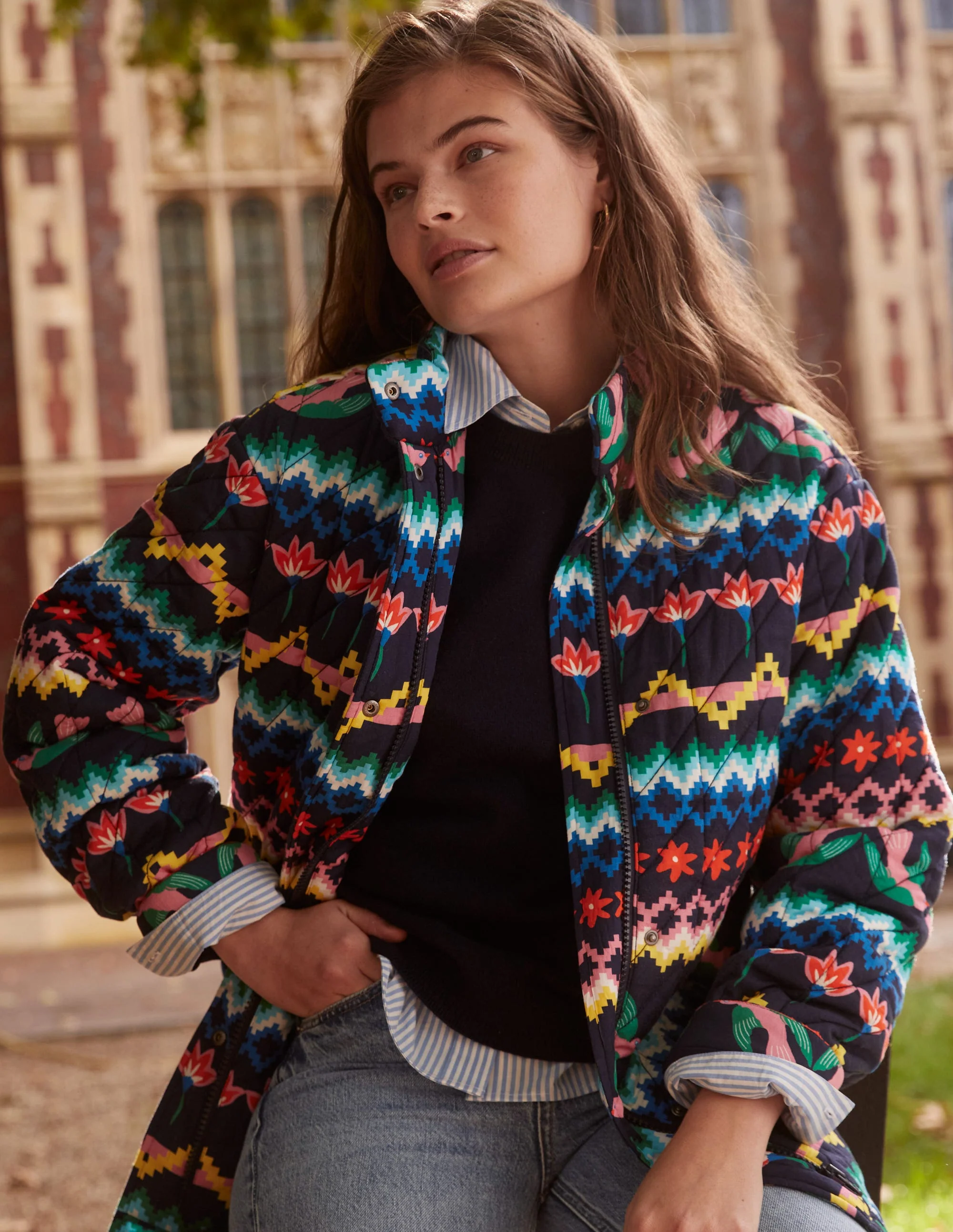 Oversized Quilted Jacket-French Navy, Decorative Garden - Image 5