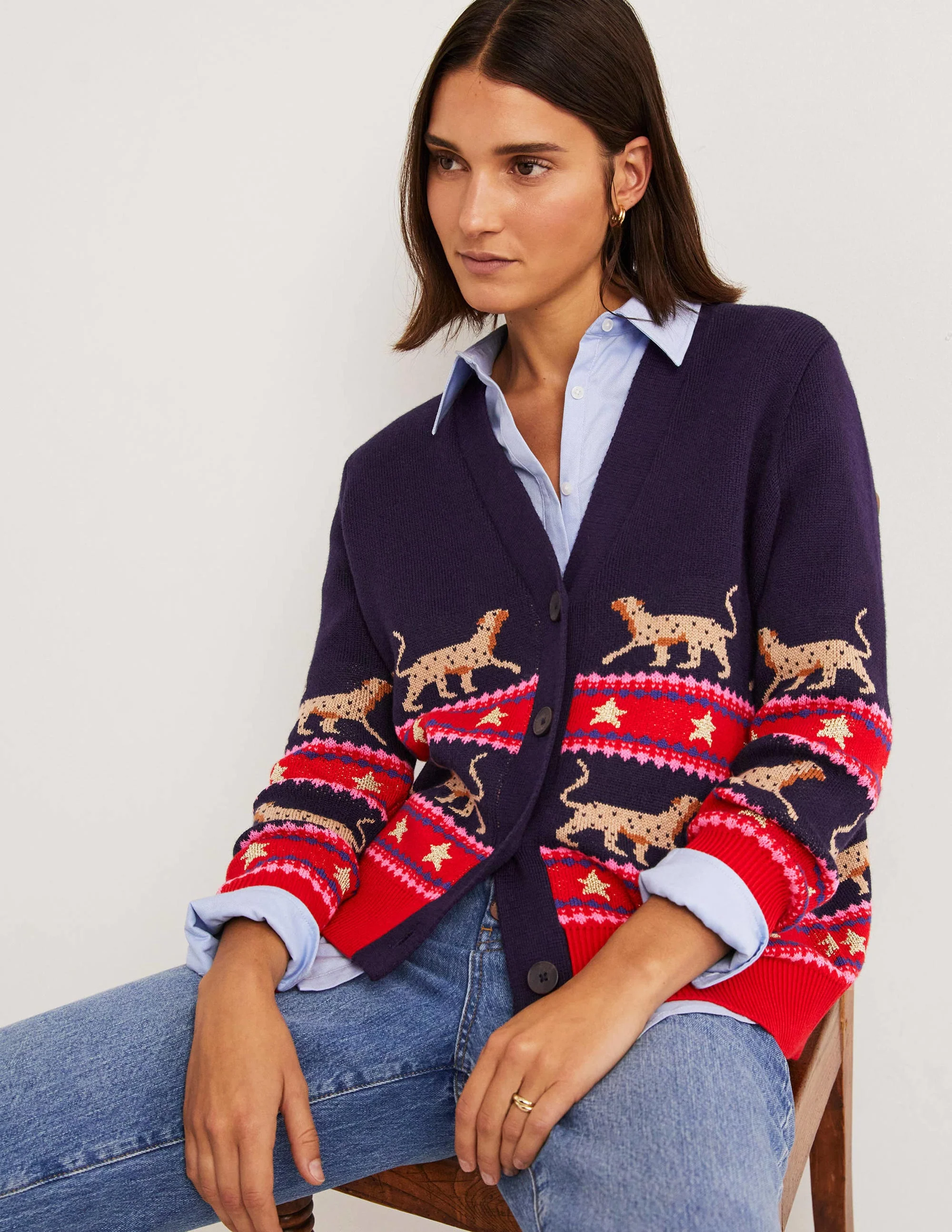 Oversized V-neck Cardigan-Navy Jacquard Leopard