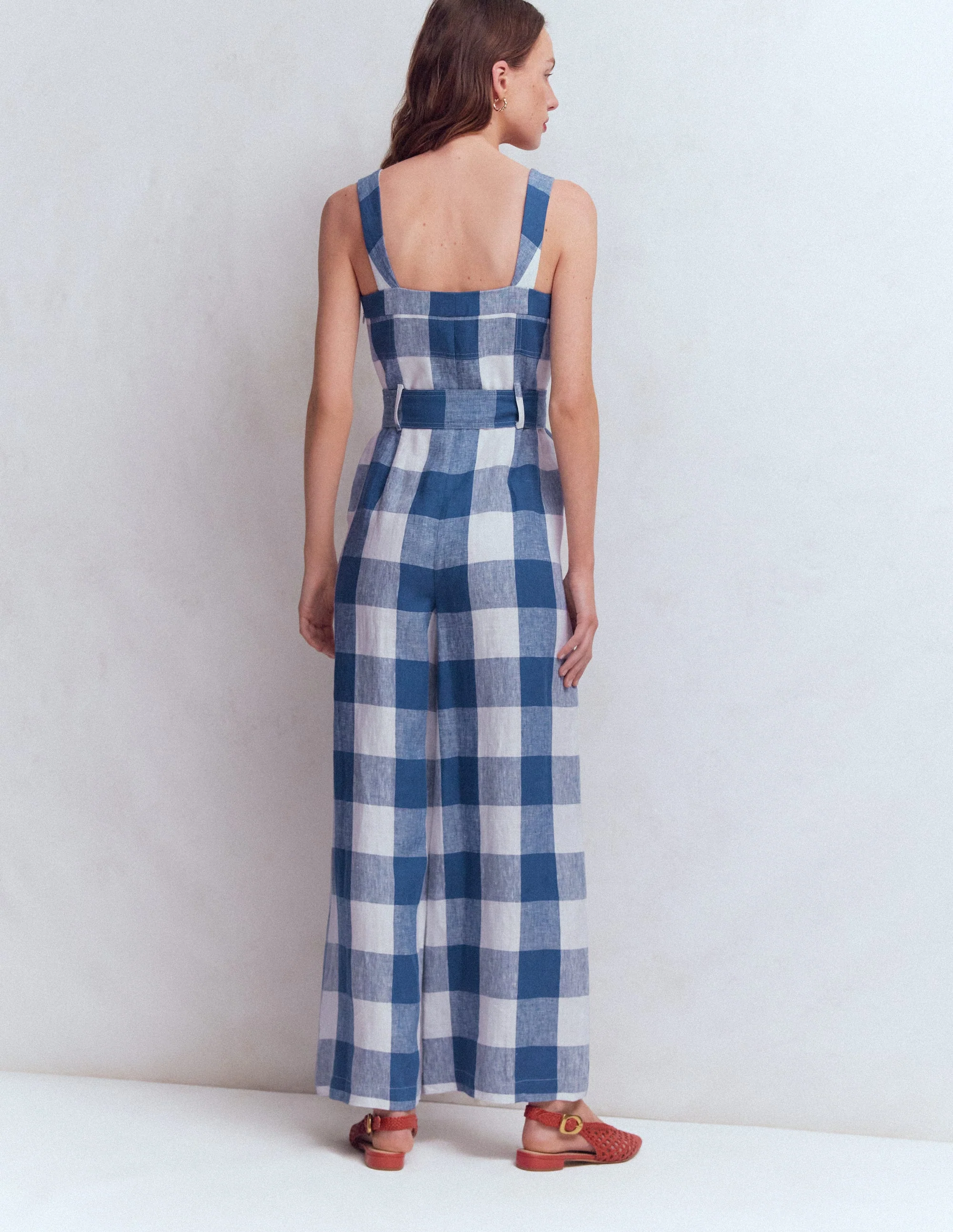 Panelled Bodice Linen Jumpsuit-Denim Blue Gingham - Image 3