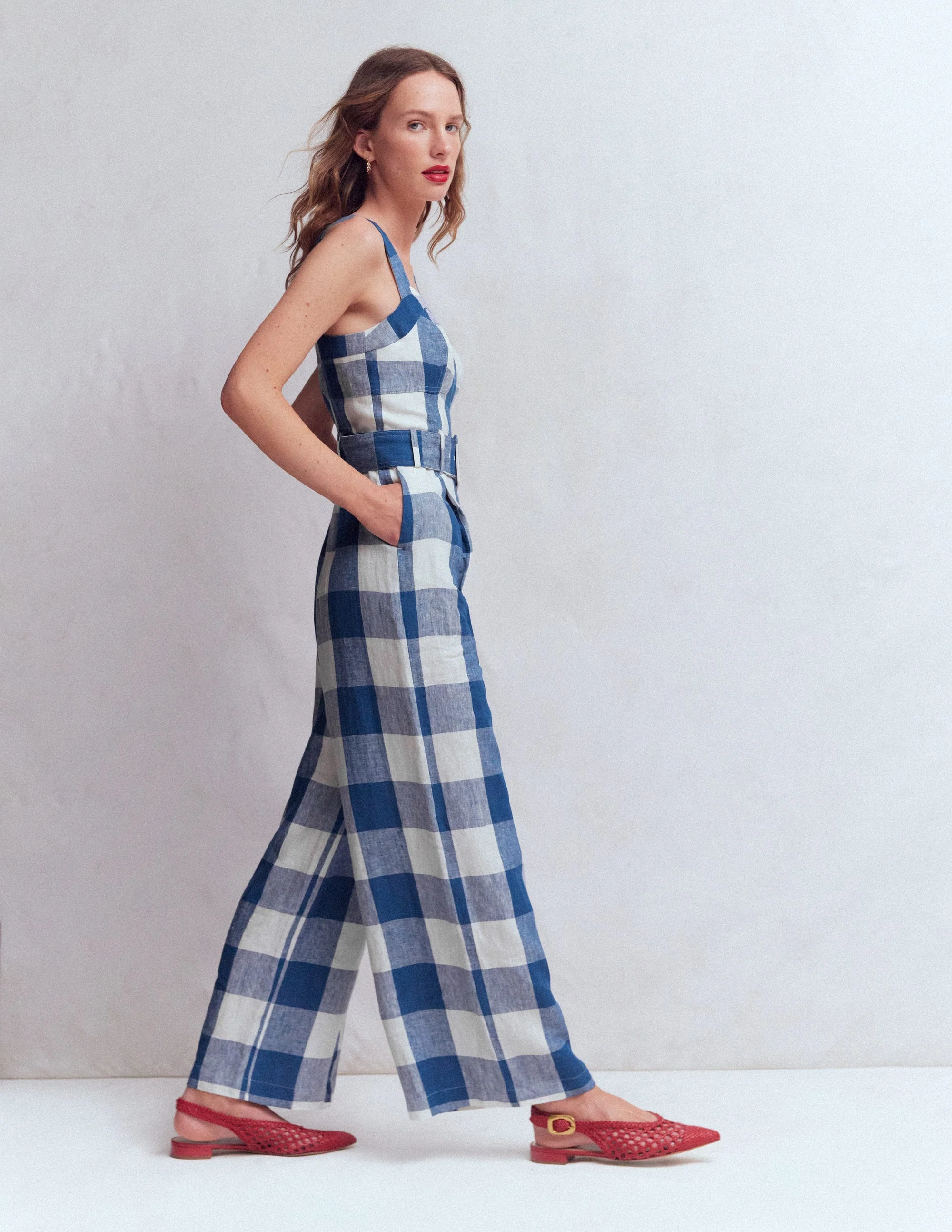 Panelled Bodice Linen Jumpsuit-Denim Blue Gingham - Image 5