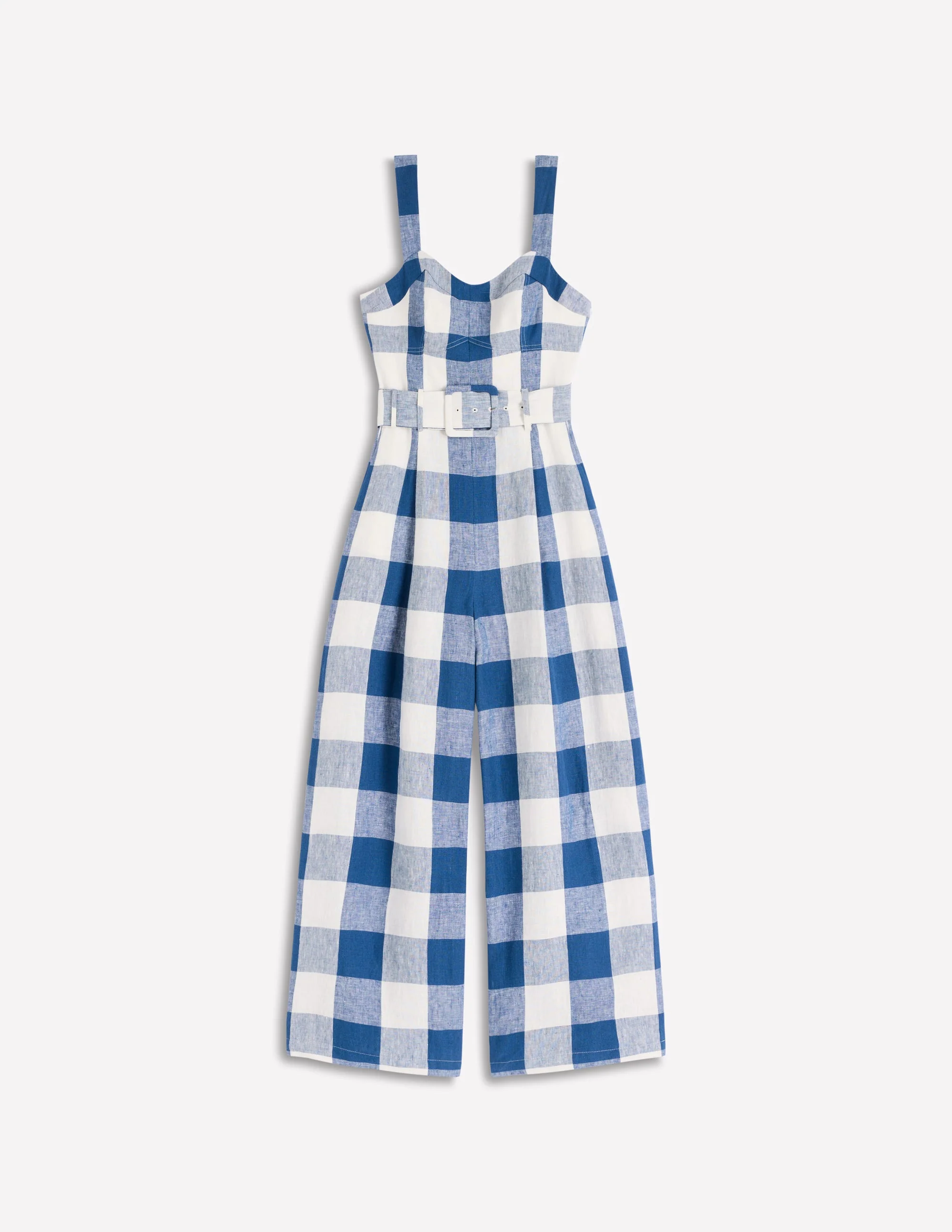 Panelled Bodice Linen Jumpsuit-Denim Blue Gingham - Image 8