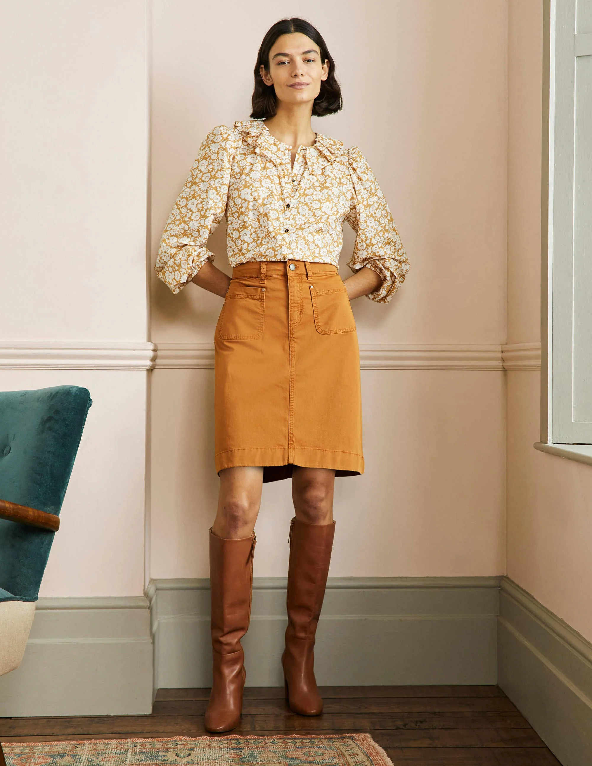 Patch Pocket Skirt-Teak Wood Brown