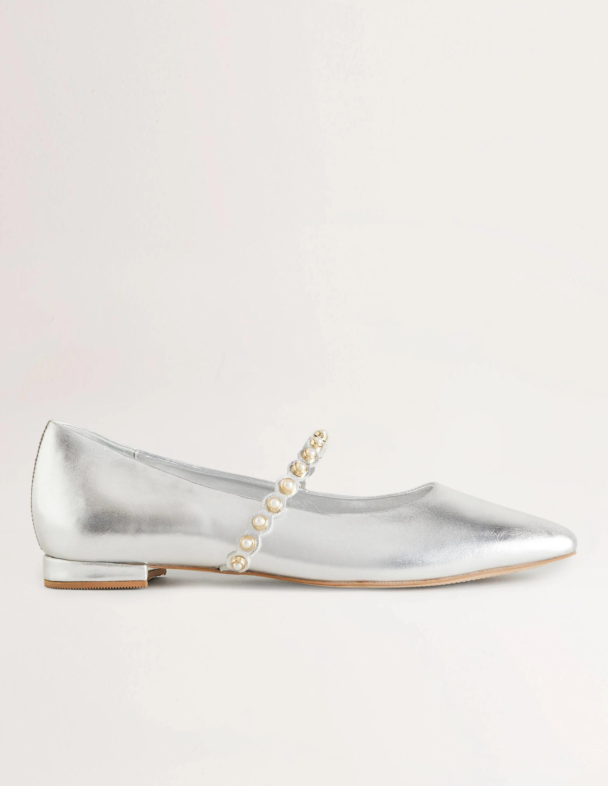 Pearl Strap Ballerina Pumps-Silver Metallic