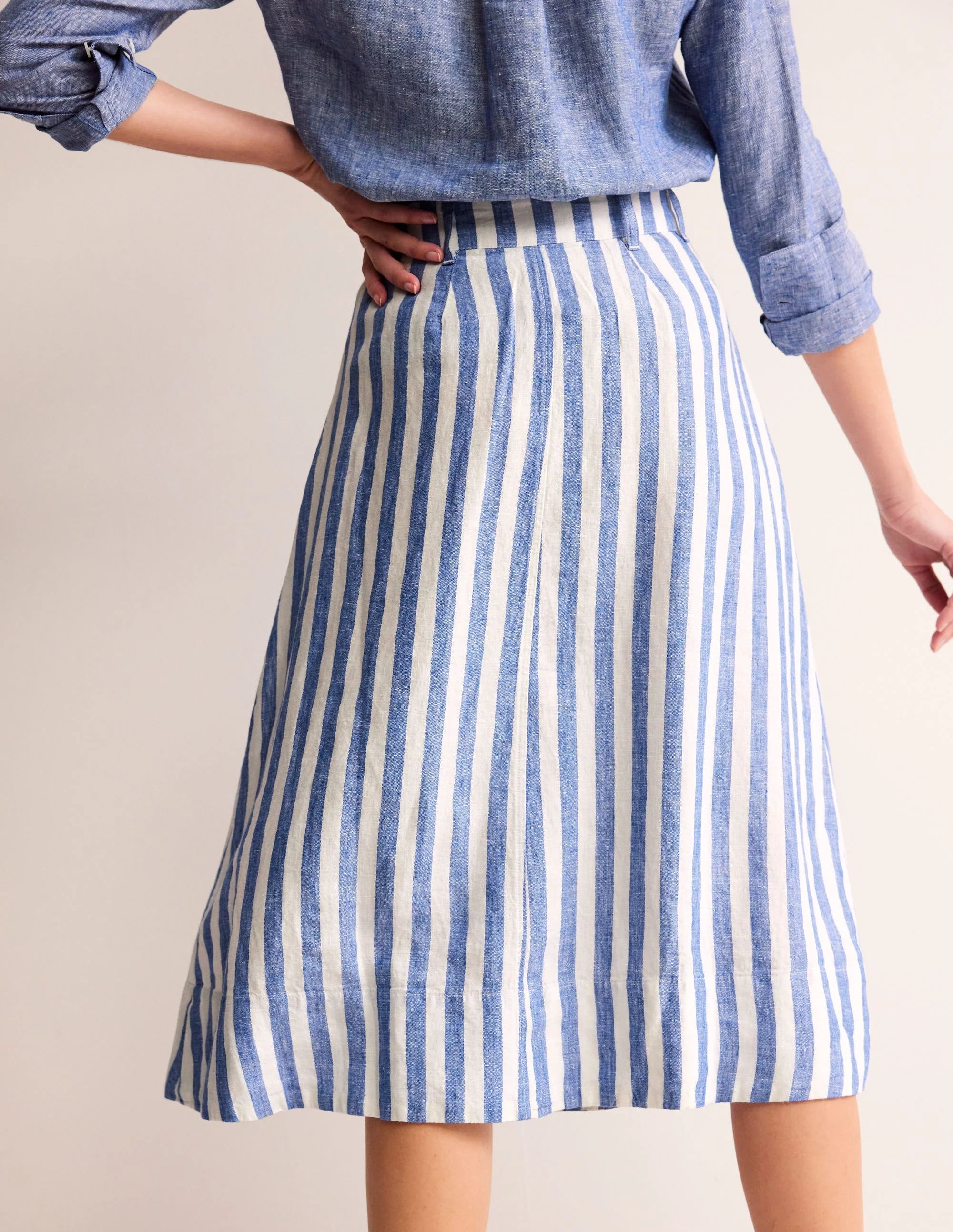 Petra Linen Midi Skirt-Cobalt Woven Stripe - Image 3