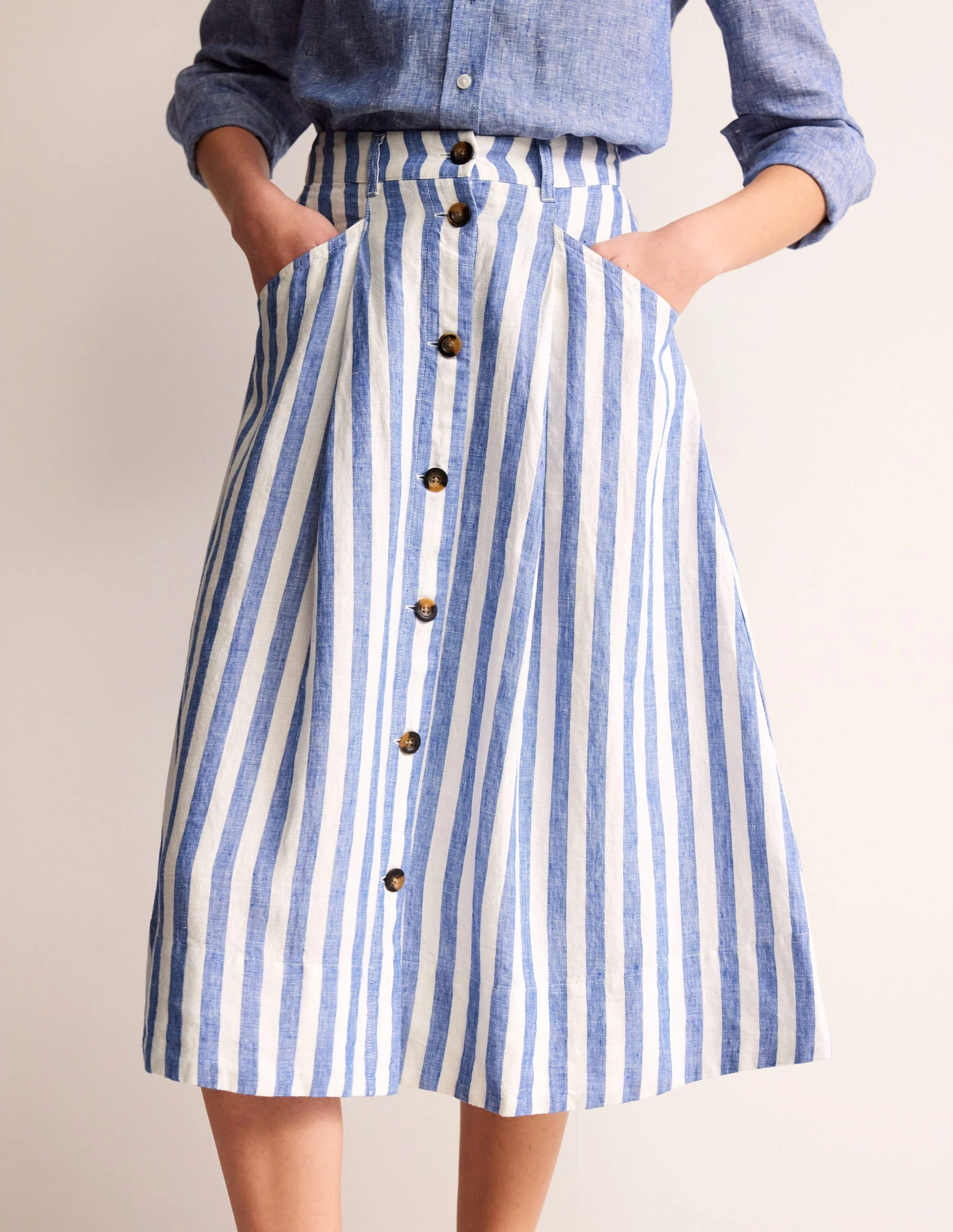 Petra Linen Midi Skirt-Cobalt Woven Stripe - Image 4