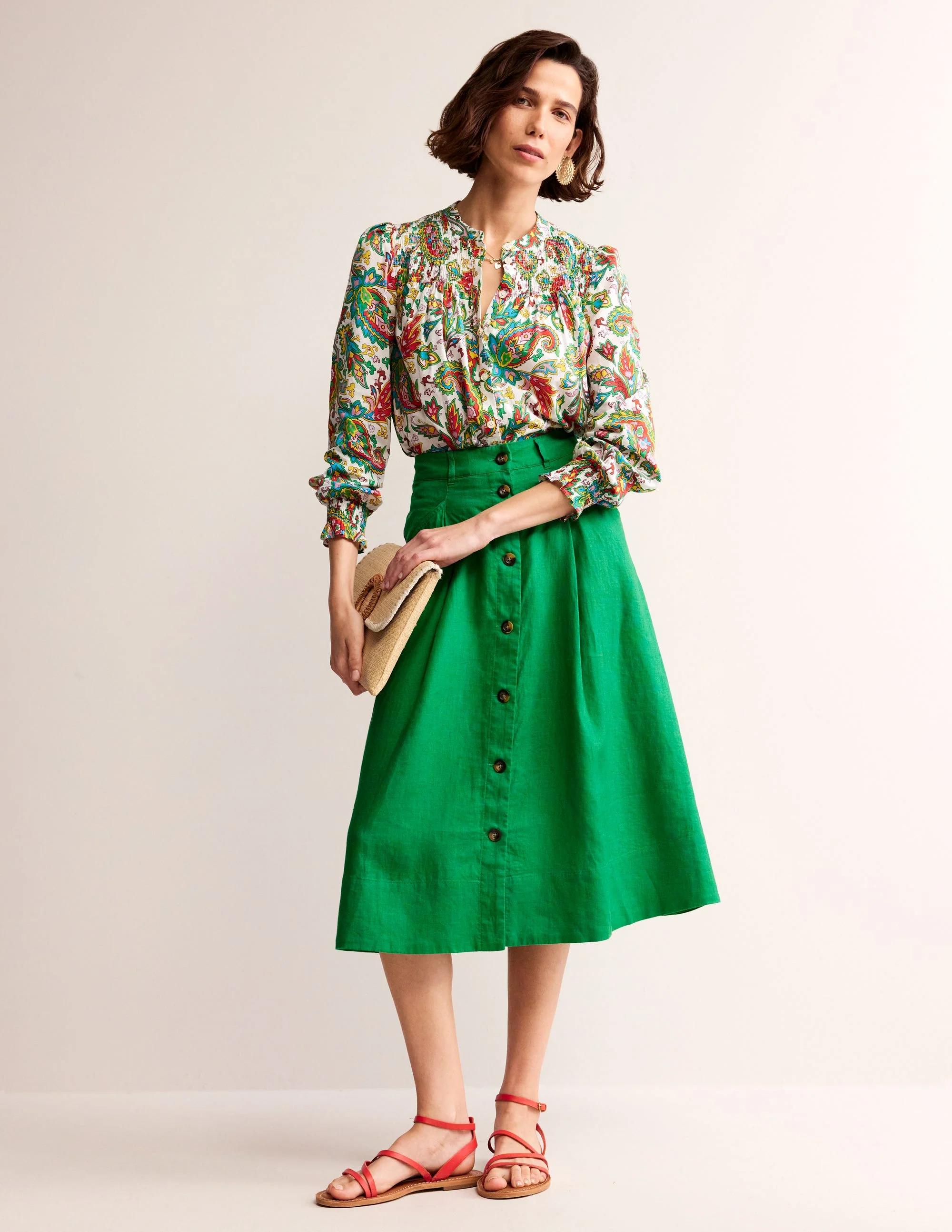 Petra Linen Midi Skirt-Green Tambourine