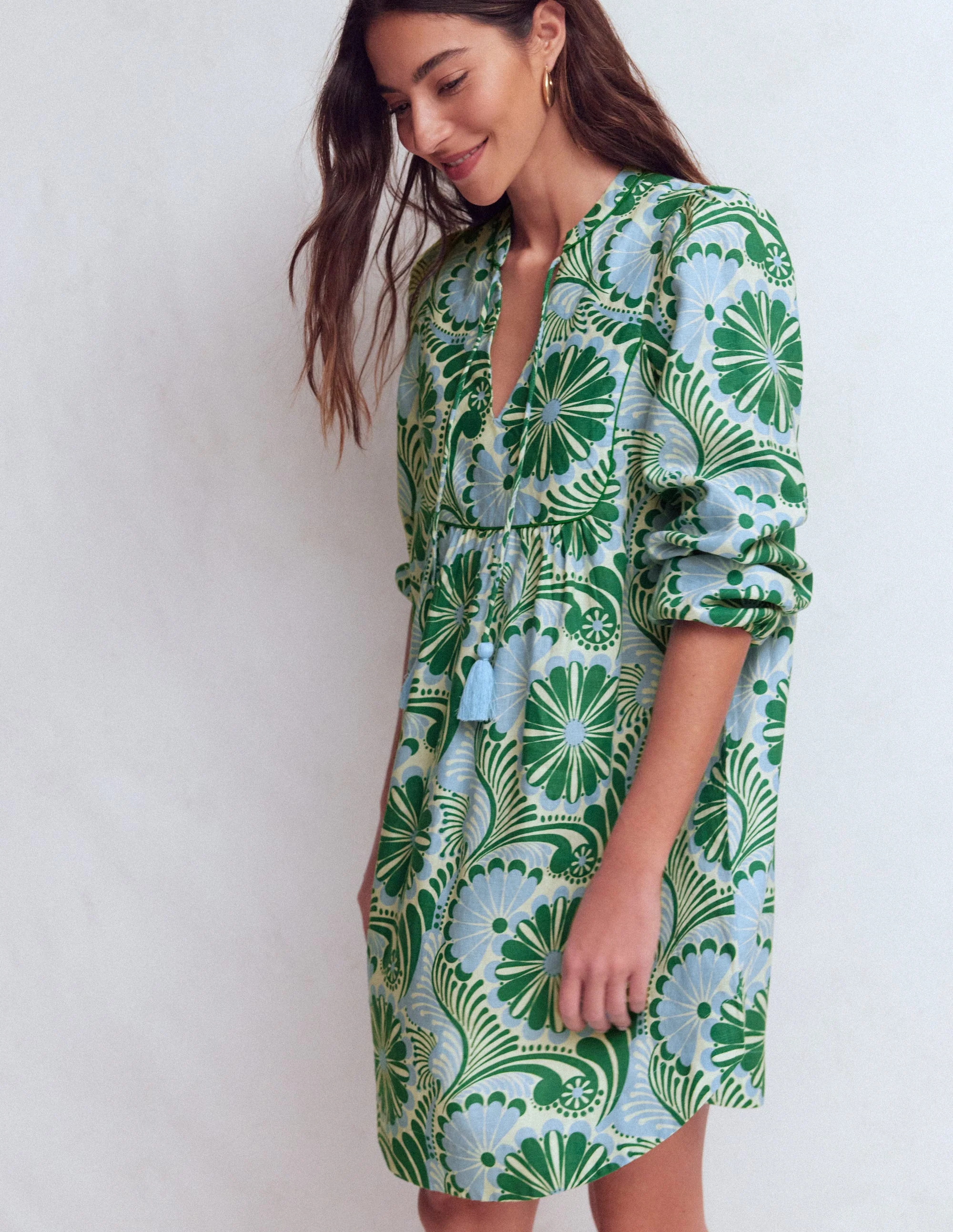 Pia Linen Yoke Tassel Dress-Blue Euphoric Garden - Image 4