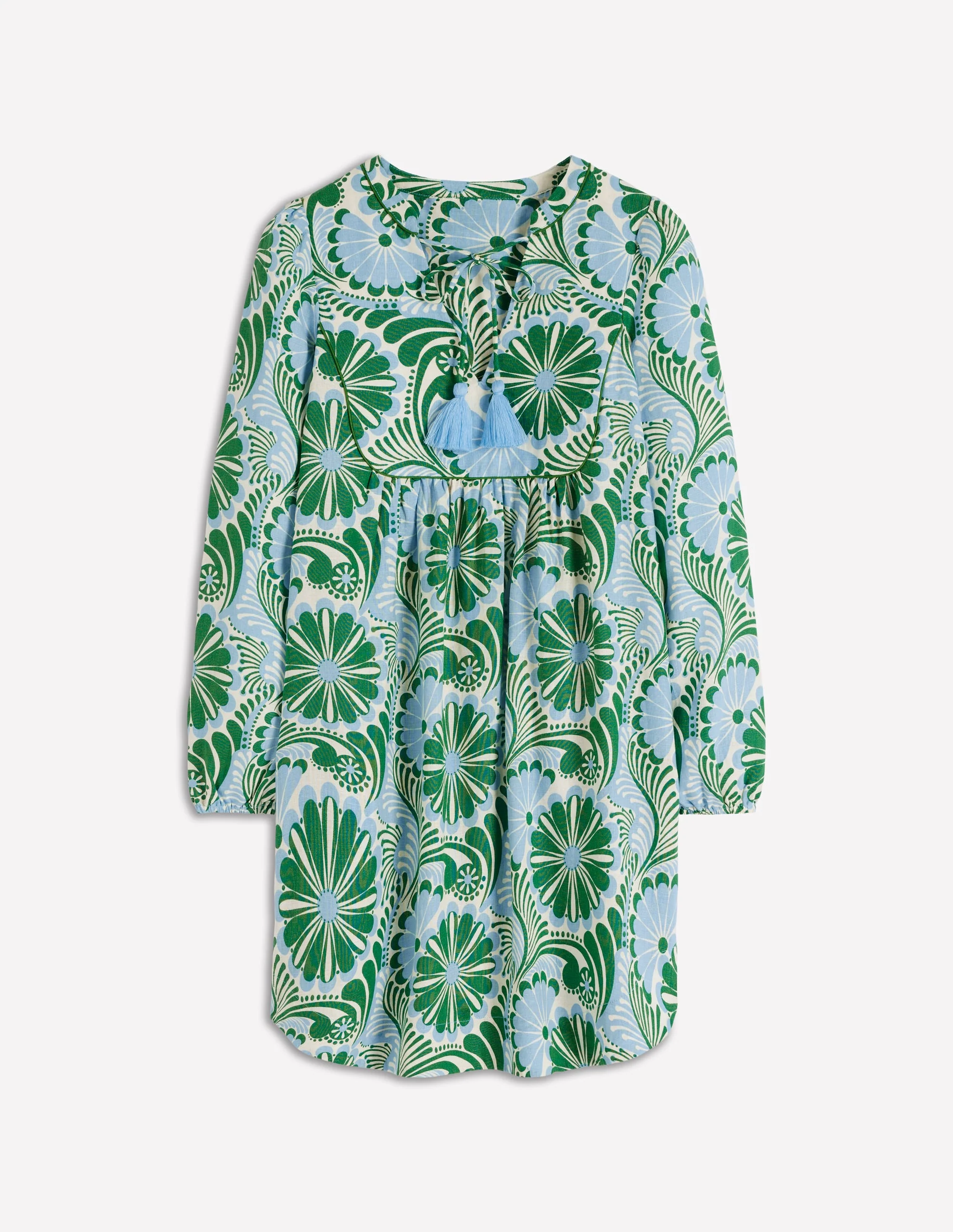 Pia Linen Yoke Tassel Dress-Blue Euphoric Garden - Image 7