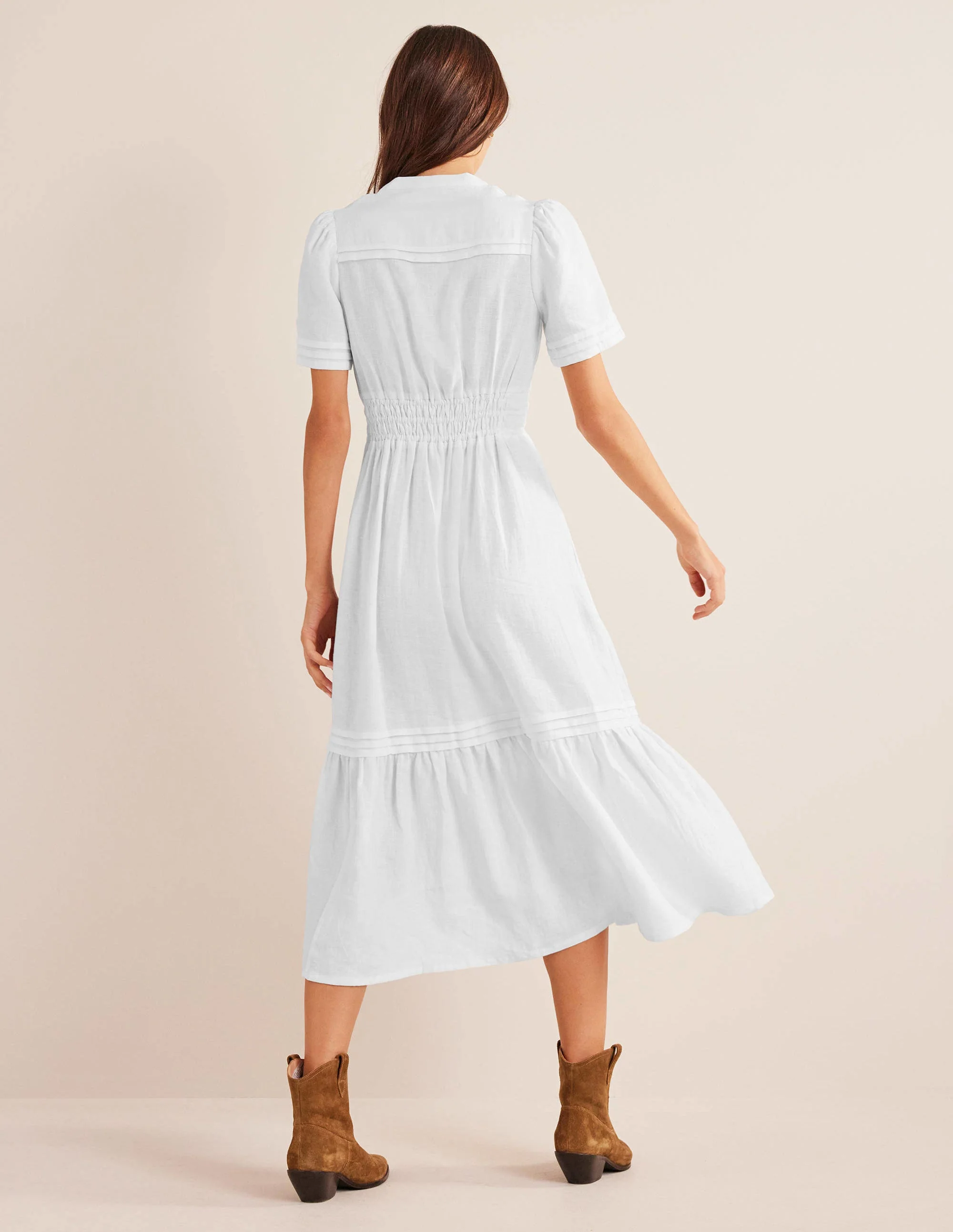 Pintuck Detail Midi Dress-White - Image 3